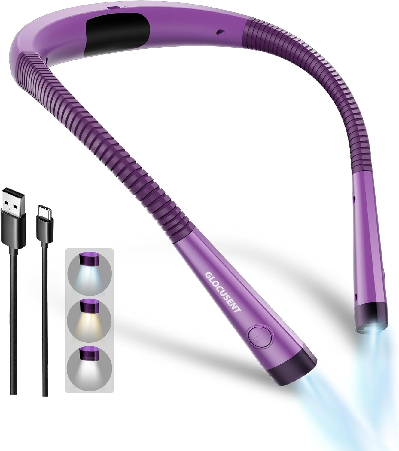 Glocusent Reading Light,LED Neck Light,80-hr Rechargeable Book Light | 3-Color&6-Brightness,USB-C,Purple Neck Reading Light,Women, Knitting,Repairing,Crafting,Crochet,Christmas,Book Lovers Gifts
