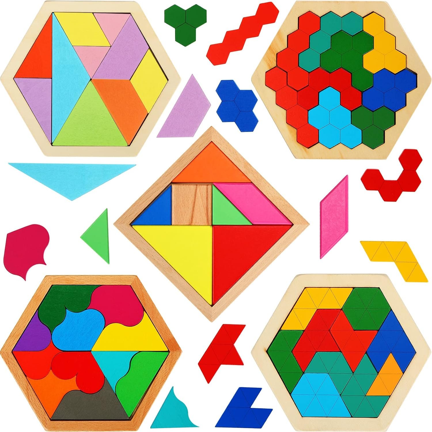 Jerify 5 Pack Wooden Tangram Puzzle for Kids Wooden Hexagon Puzzle Block Teaser Geometric Shapes Tangram Games for Boys Girls Toddler 1-3 Jigsaw 3D Logic IQ Game Gift