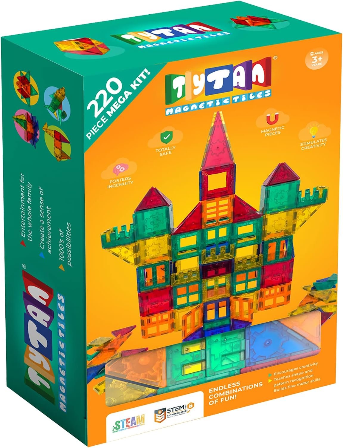 Tytan Tiles 220-Piece Supersized Magnetic Tiles Building Set, 1000s of Creations, Large 3D Castles, Massive Vehicles, & Rocket Ships, Kids’ STEM Toy, Architecture, Innovative Play, Ages 3 and Up
