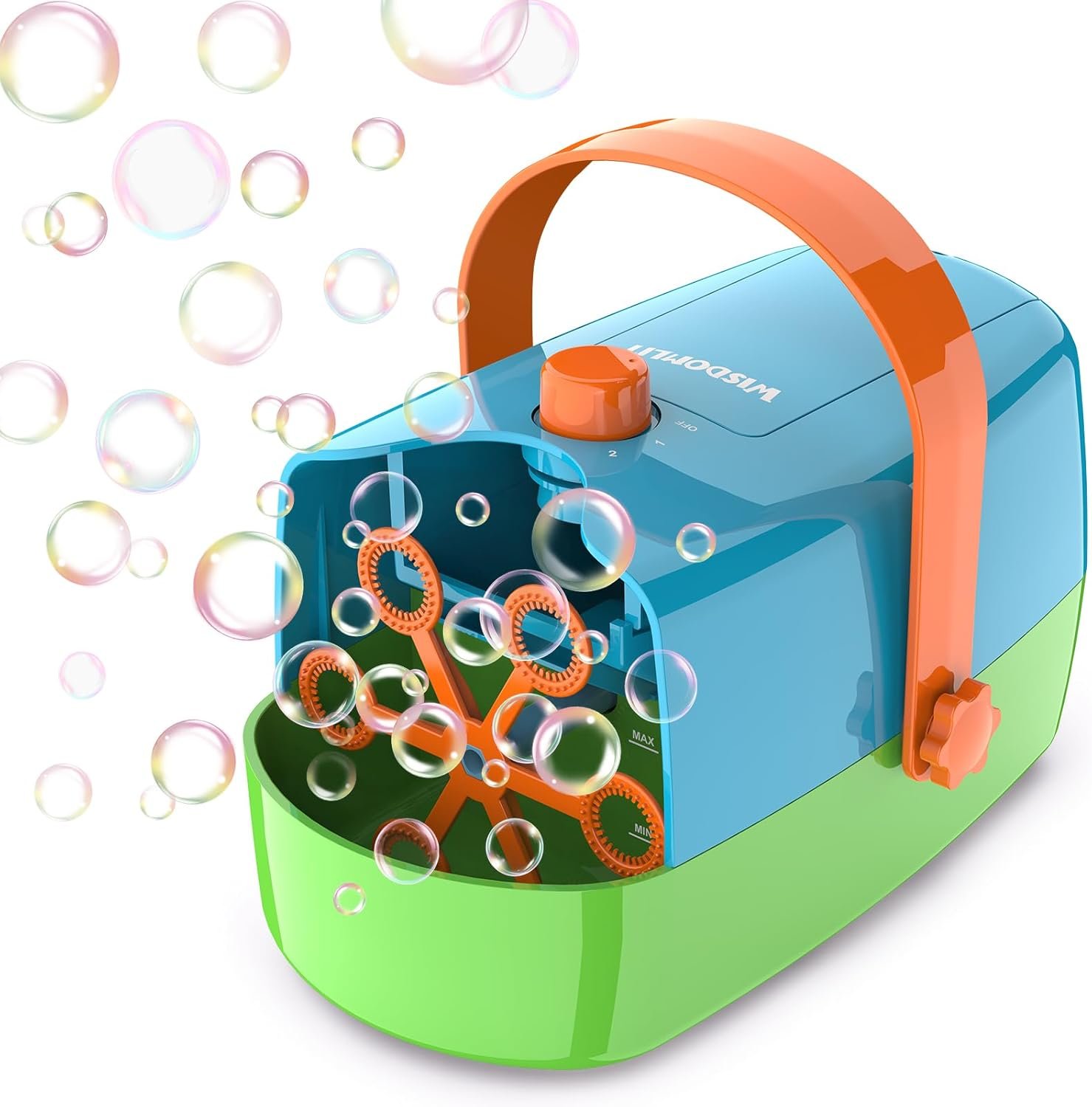 Wisdomlit Bubble Machine, Automatic Bubble Blower, 3-in-1 Bubble Maker | 3 Replaceable Bubble Wands, 3 Power Modes, Dual-speed Control, Small | Medium | Big Bubbles for Indoor Outdoor Birthday Party