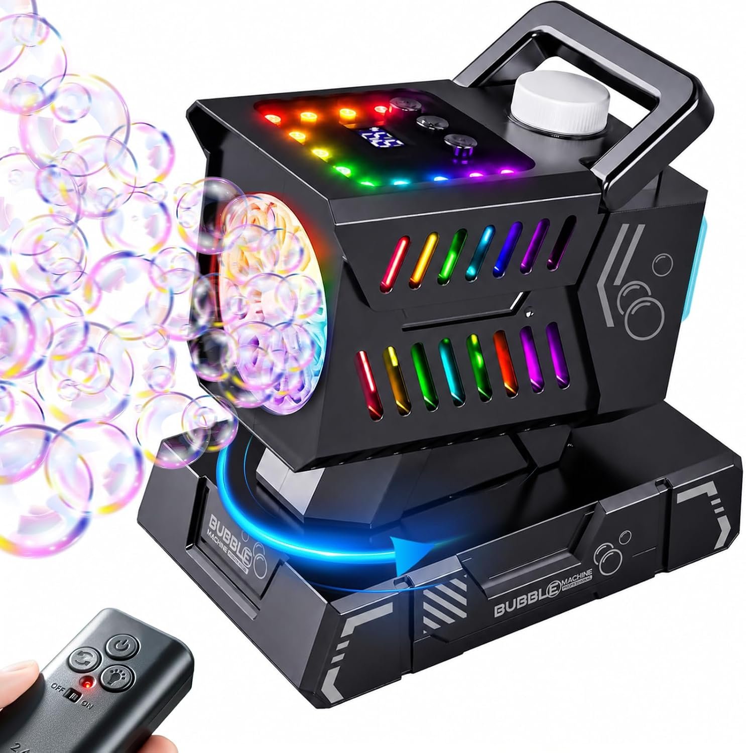SHCKE Bubble Machine with Remote Control, Auto Rotation & 11 RGB Lights | Rechargeable/USB-C,Top-Fill Portable Bubble Maker for Kids,Outdoor,Birthday Parties,Wedding,Camping,Pool