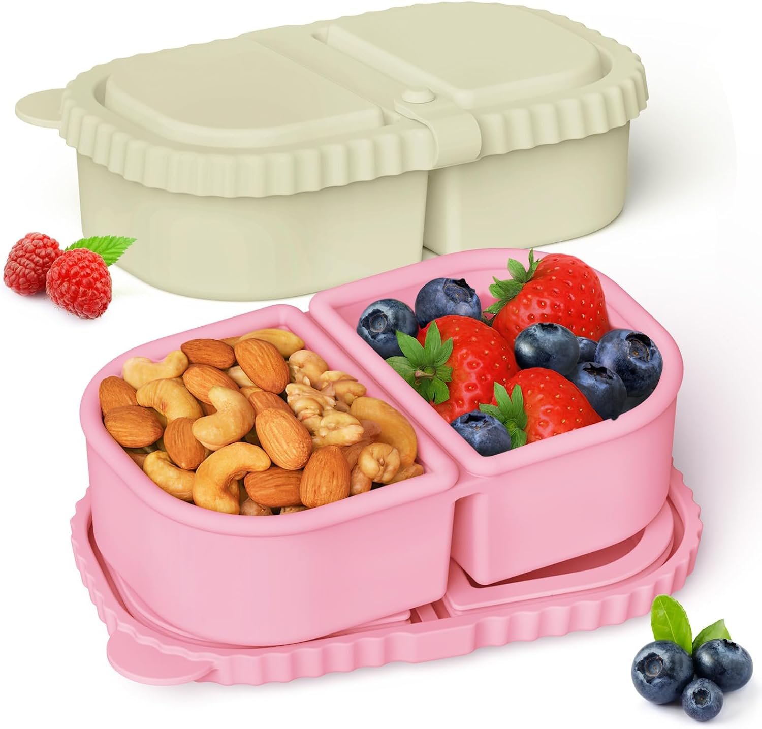 YQL 2 Pack 8 oz Silicone Snack Containers with Lids, Snack Boxes for Kids | 2 Compartment Reusable Tupperware for School, Portable Sauce and Salad Small Food Containers, Leakproof Snackle Boxes