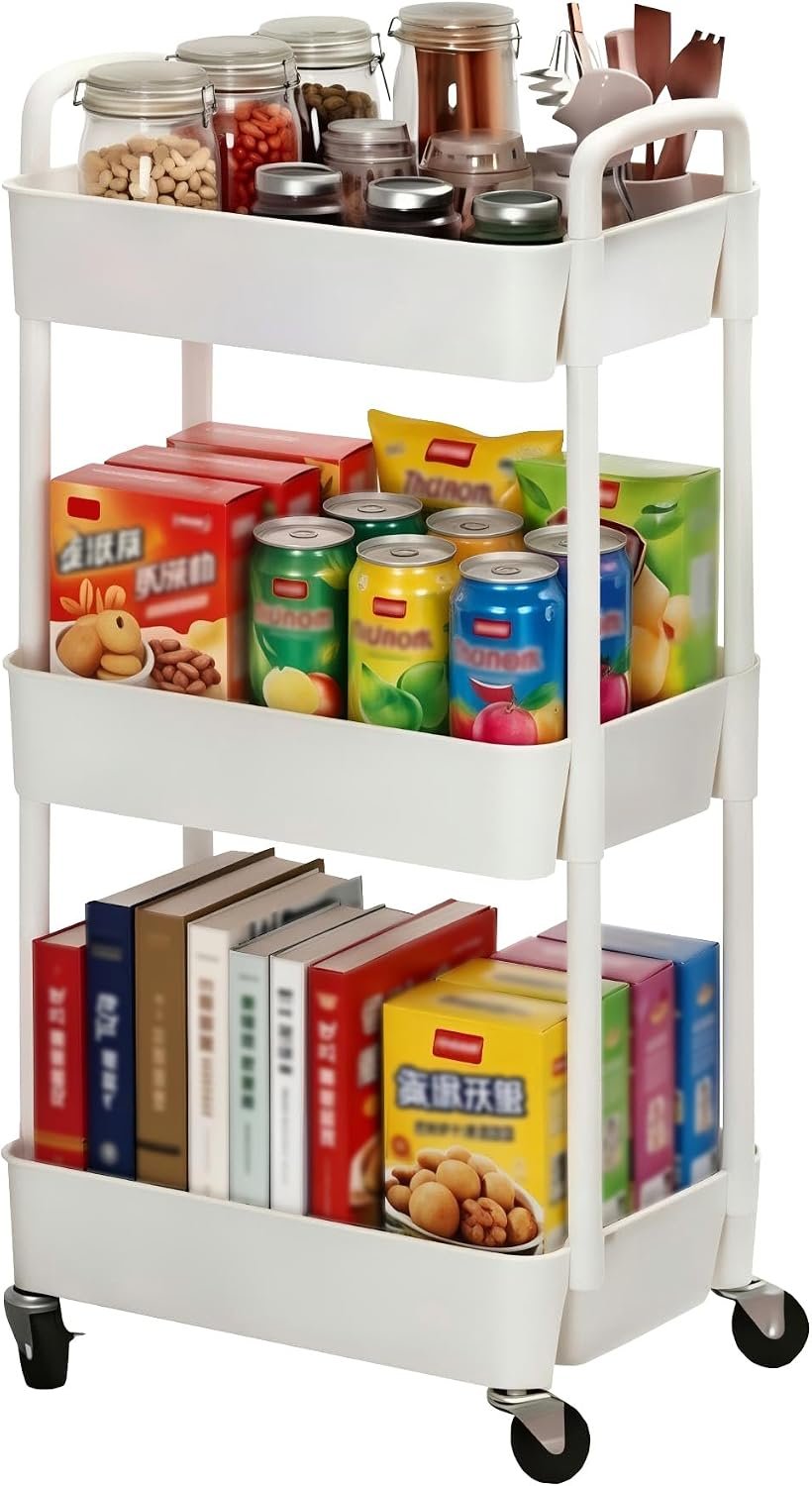 Sywhitta 3-Tier Plastic Rolling Utility Cart with Wheels for Storage,White | Multi-Functional Storage Trolley, for Office, Living Room, Kitchen, Bathroom,Movable Organizer,Space-Saving,Easy to assemble