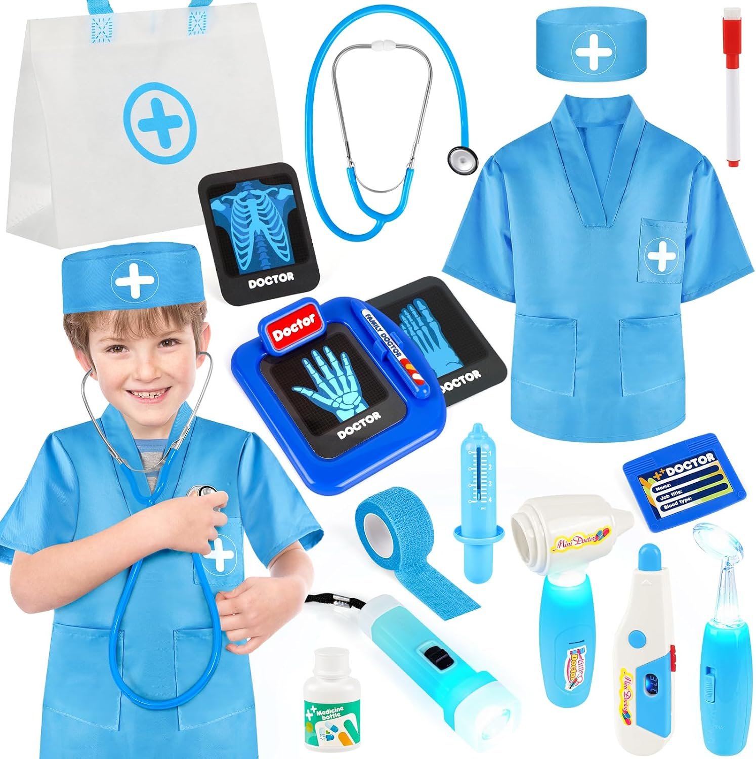 IVENRXIU Doctor Kit for Toddlers 3-5,17 Pcs Doctor Set with Bag and Costume | Medical Play Set with Bag and Dress Up Costume，Pretend Play Toys for Kids Boys and Girls, Halloween Christmas Birthday Gifts