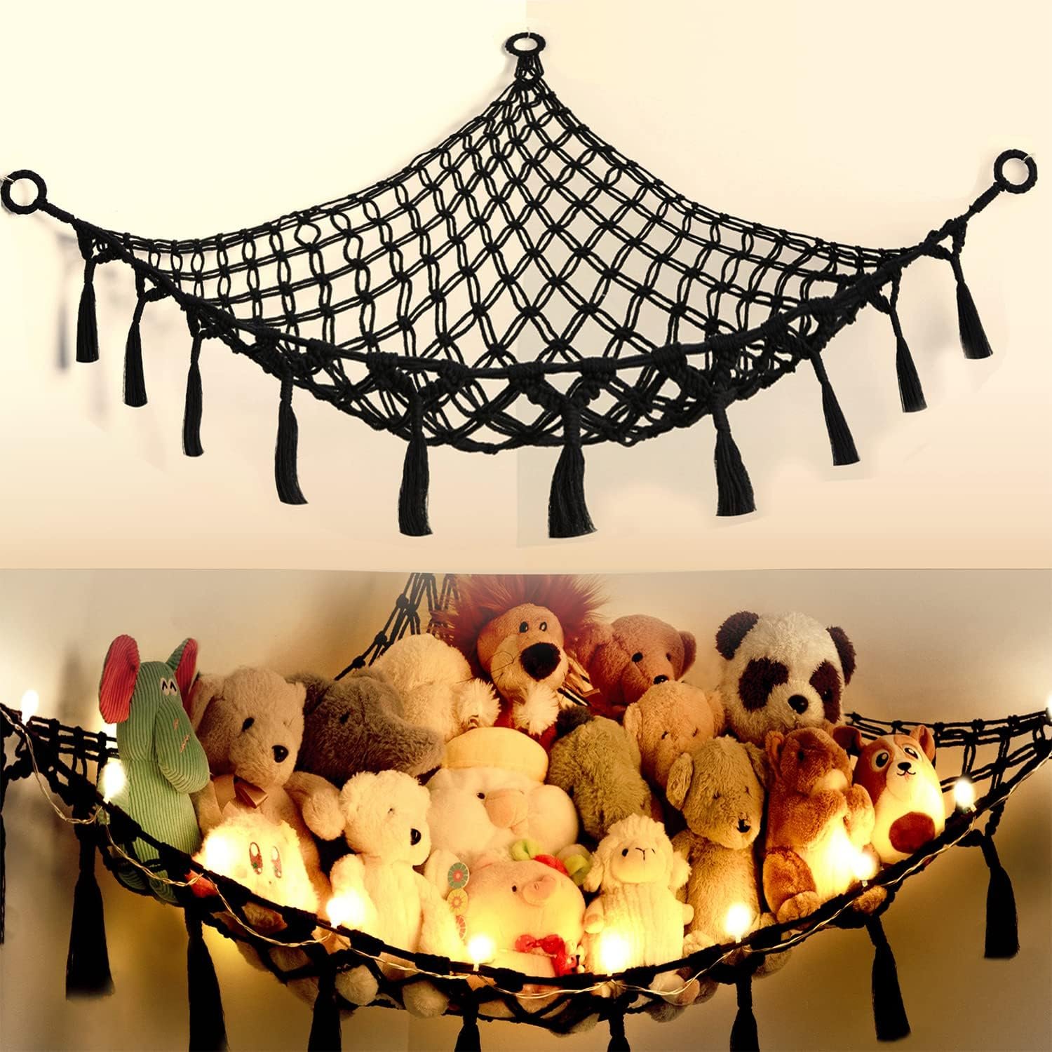 Cotton Stuffed Animal Organizer, Handmade Macrame Hanging Net Hammock for Toy Storage, Boho Decor Room Holder, Triangular, Black, Large, 57×42 inches, 10 lbs Capacity