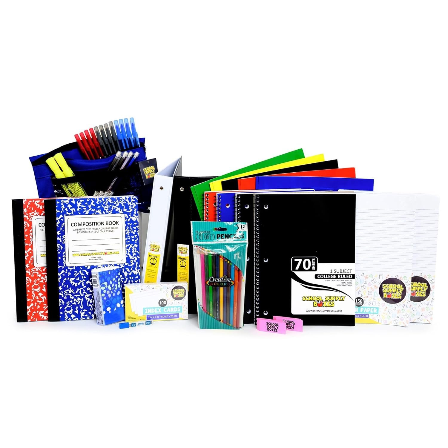 Secondary School Essentials Bundle | 1 Box – 51 Pieces per Box | School Supply Boxes – Back to School Essentials Includes Folders, Notebooks, 1″ Binder, Mechanical Pencils, Index Cards, Highlighters, & Pens