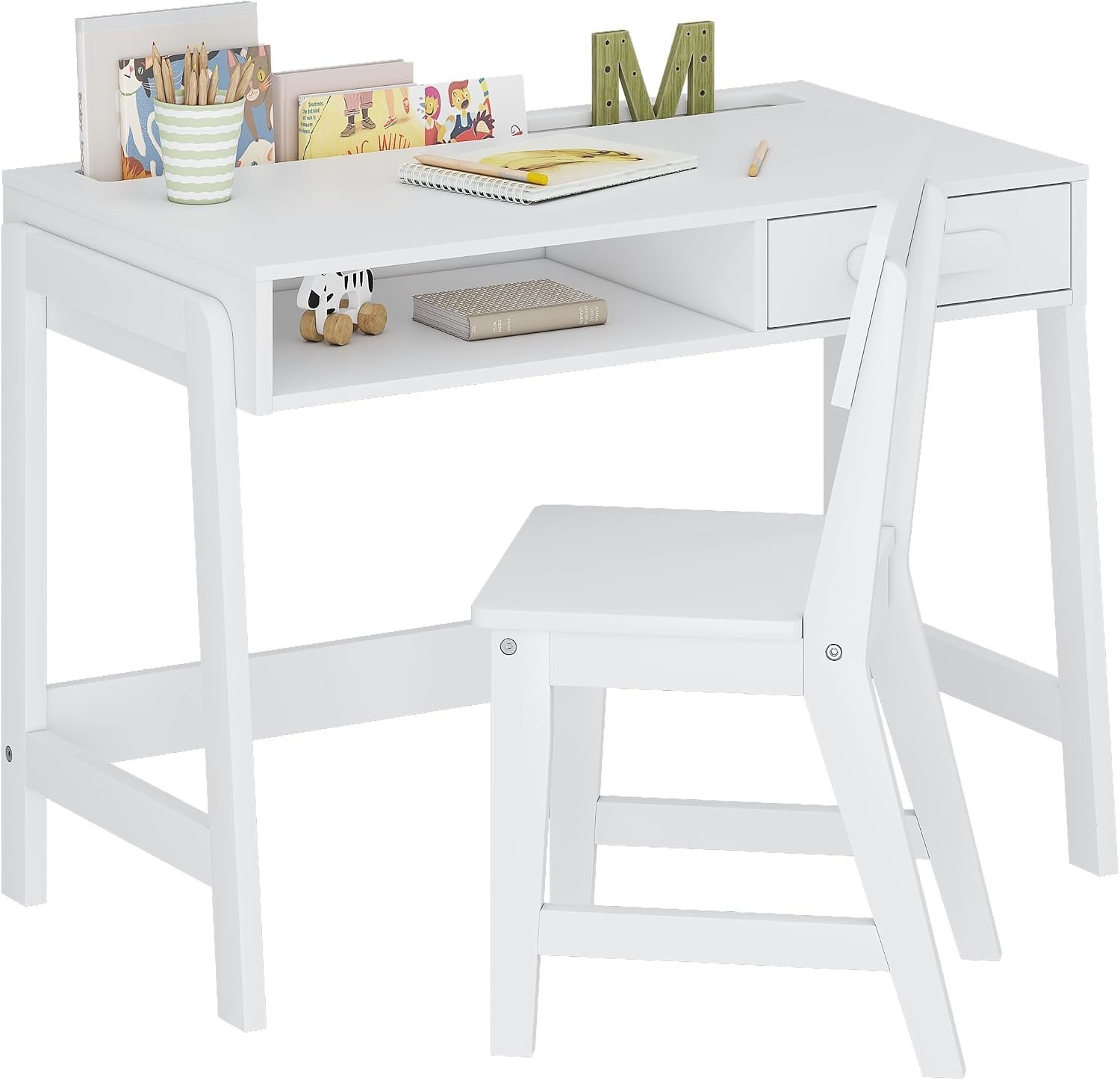 UTEX Kids Desk and Chair Set, Study Desk for Kids with Storage Bins, Wooden Children Study Table, Student Writing Desk for Bedroom & Study Room (1 Open & 1 Drawer)