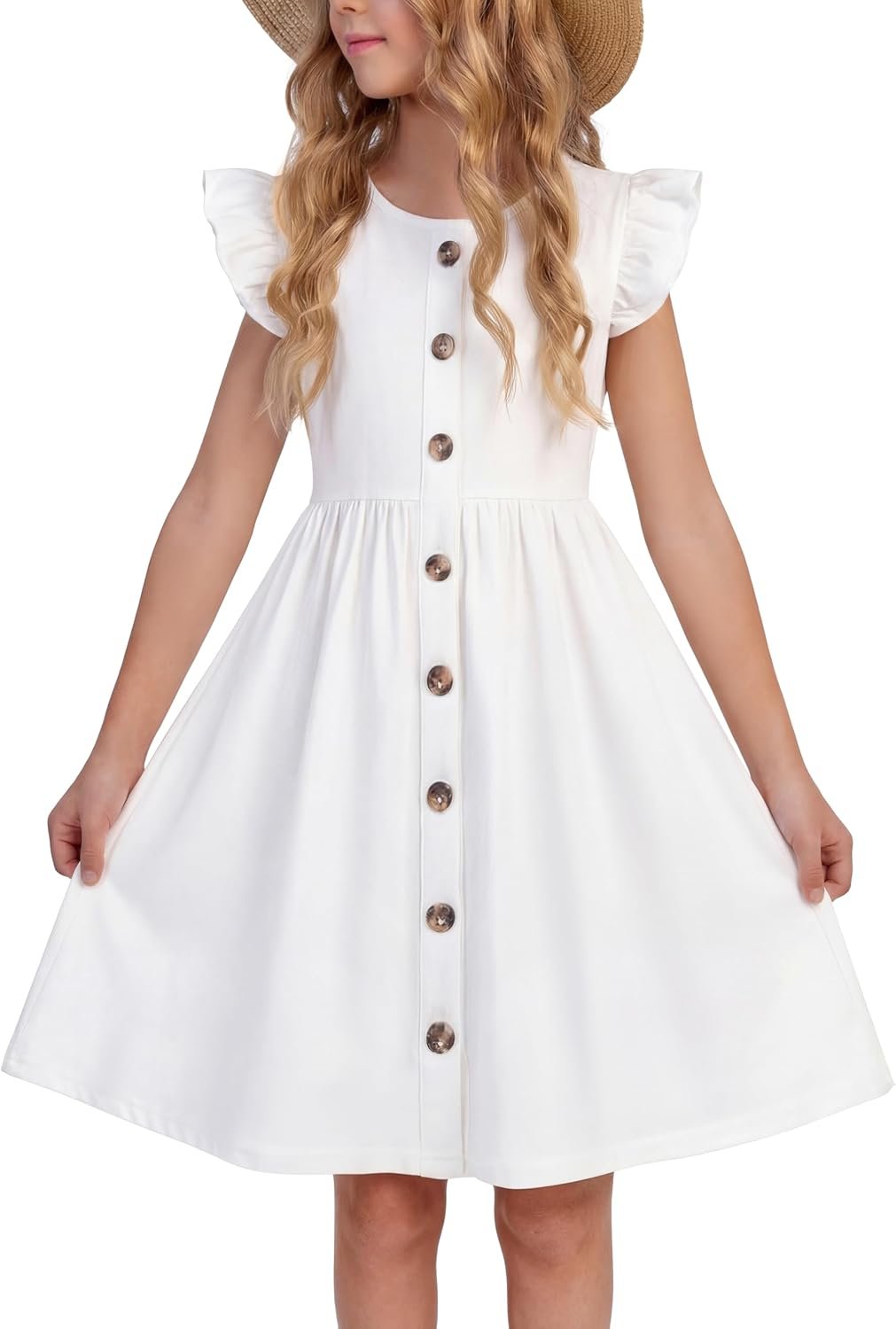 Arshiner Girls Dress Flutter Sleeve Button Summer Sundress with Pockets