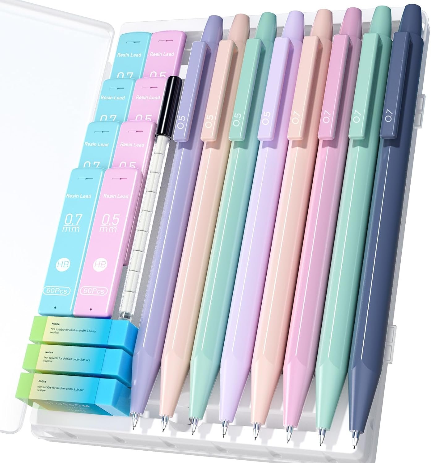 Cute Mechanical Pencil Set with Case, 8-Pack 0.5 0.7mm Pencils | 480 Lead Refills 3 Erasers 9 Eraser Refills, Back to School Supplies Gift for Girls Writing Drawing, Aesthetic Stationery