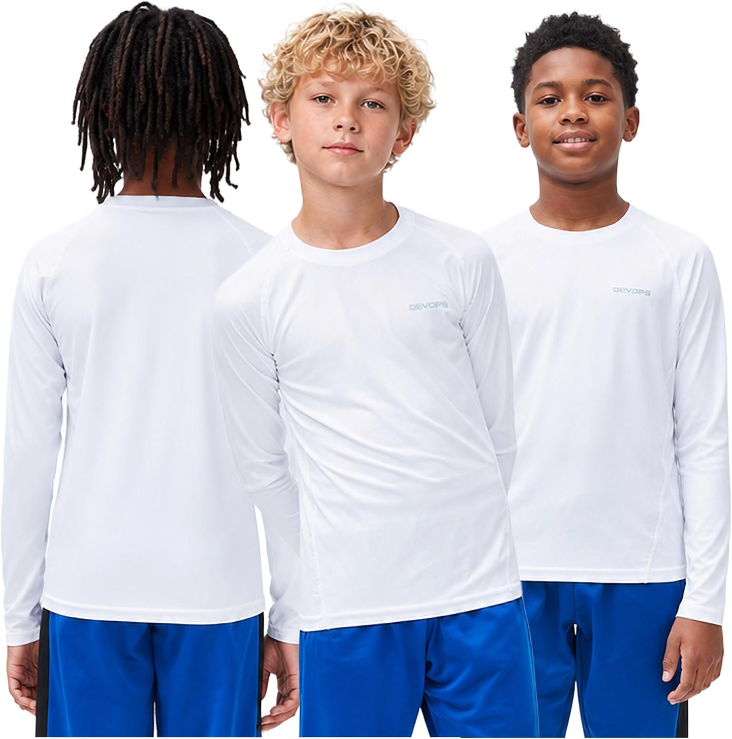 DEVOPS 3 Pack Boys Compression Athletic Baselayer Long Sleeve Shirts | UPF 50+, 4-Way Stretch Performance, Advanced Moisture Wicking, Chafing-Free Flatlock Seams