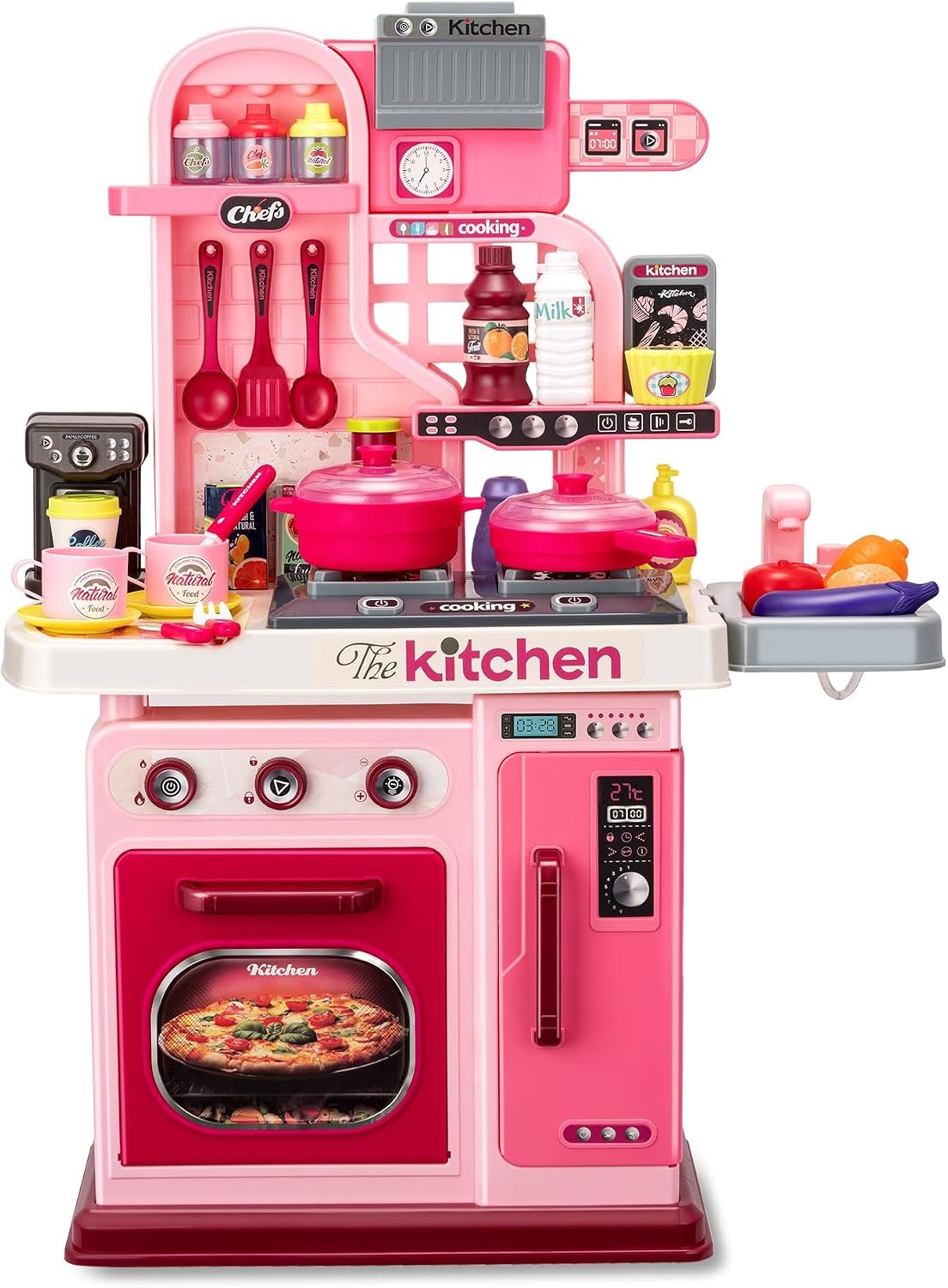 Kids Kitchen Playset-53pcs Cooking Stove,Paly Sink,Oven,Kitchen Toys with Realistic Lights&Sounds，Pretend Play Toys,Kitchen Toys for Toddlers 3+ Years Old (Pink)