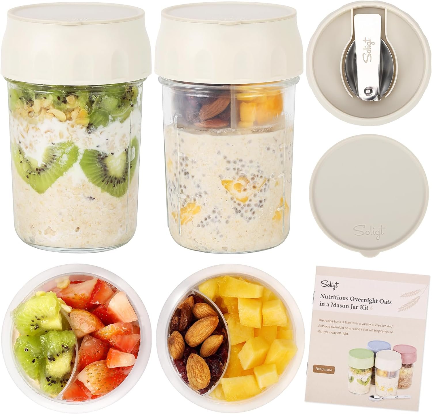 SOLIGT 2 Pack Overnight Oats Containers with Lids (Oat White/Oat White) | Folding Spoons and Divided Compartments for Fruit&Nuts, Small Glass 16oz Mason Jars for Oatmeal Yogurt Parfait