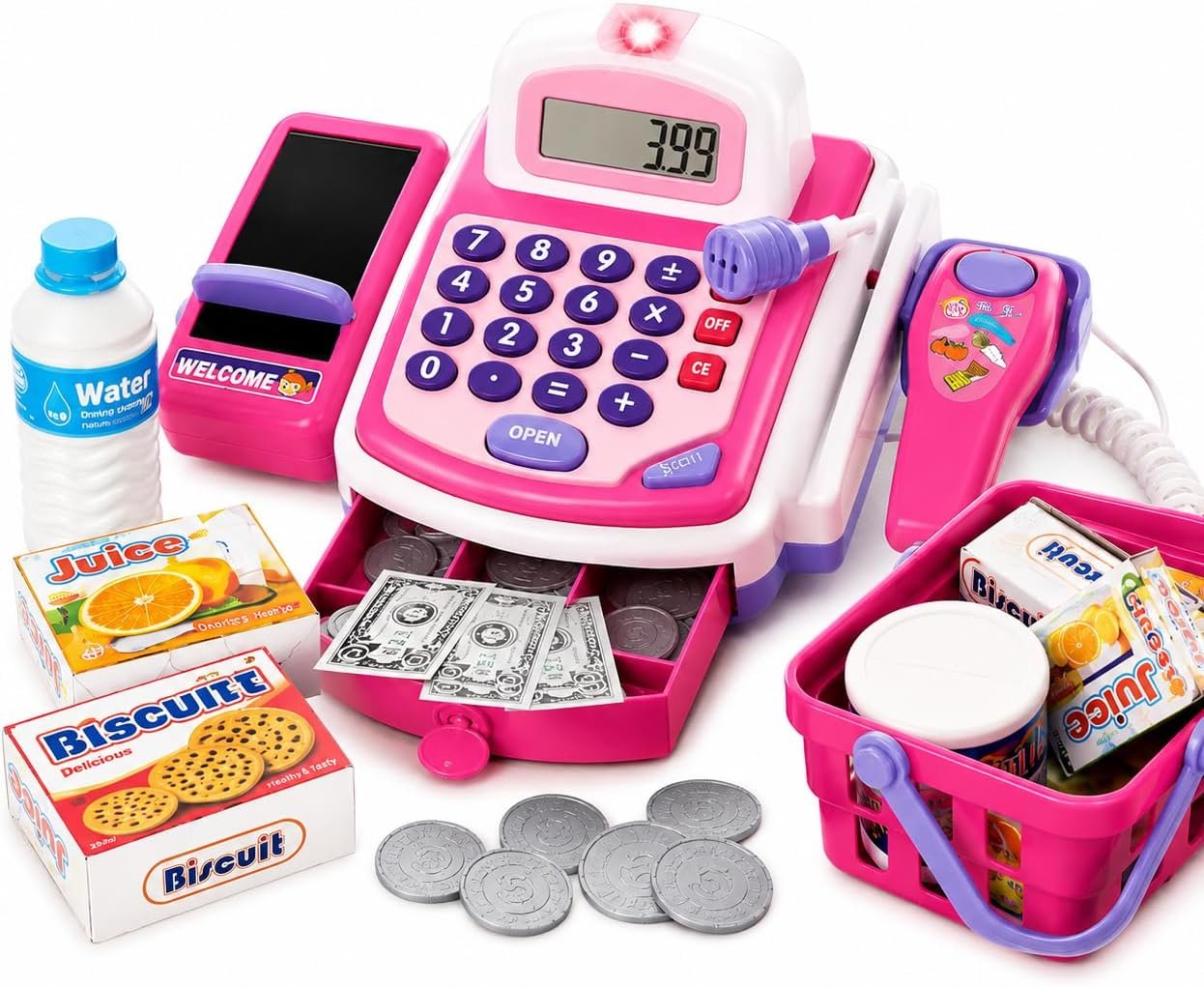 Prextex Grocery Store Pretend Play Electronic Toy Cash Register Set – STEM Cash Register for Kids with Microphone, Play Money, and Food Basket – Kids Checkout Toys with Scanner- Pink
