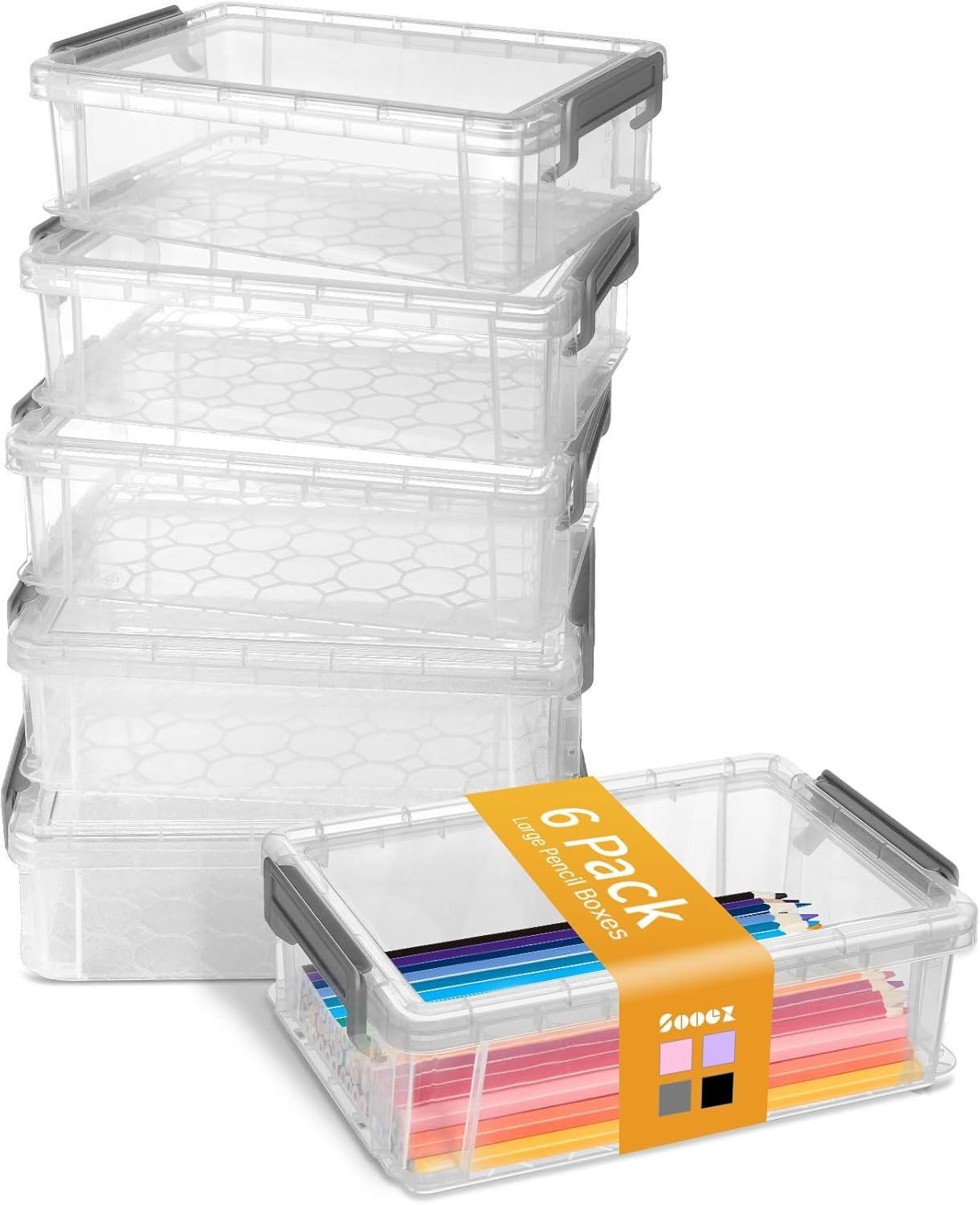 Sooez 6 Pack Extra Large Pencil Box, Plastic Pencil Case Crayon Box, Clear Marker Organizer Plastic Containers with Lid, Stackable Storage Boxes for Art Craft,Pen,Back to School Teacher Supplies, Grey