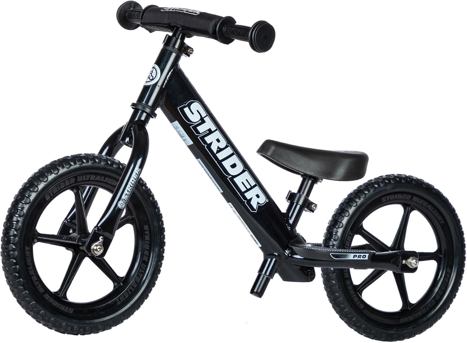 Strider 12 Pro, Aluminum Balance Bike for Kids Aged 1–5 Years, Black Pearl | No-Pedal Pro Balance Bike, Ultralight Aluminum Frame, Adjustable Seat, Never-Flat Foam Rubber Tires, Easy Assembly