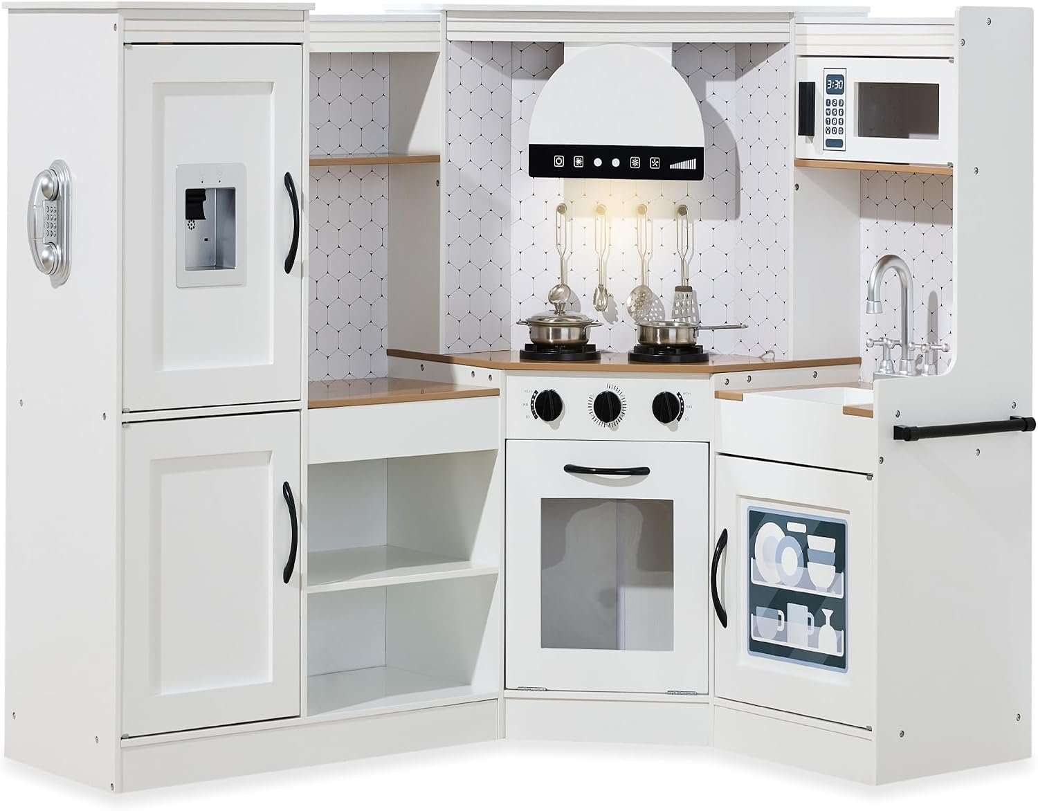Best Choice Products Pretend Play Corner Kitchen, Ultimate Interactive Wooden Kids Playset w/Lights & Sounds, Ice Maker, Hood – Wht/Brown