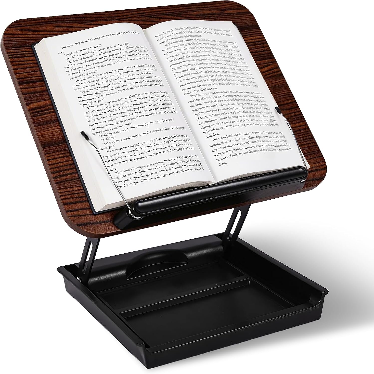 Wooden Book Stand for Reading with Storage Box Non-Slip Base | Adjustable Height & Angle, Foldable Desktop Riser with Page Clip, Hands Free, for Kitchen Counter, Cookbook, Recipe, Laptop