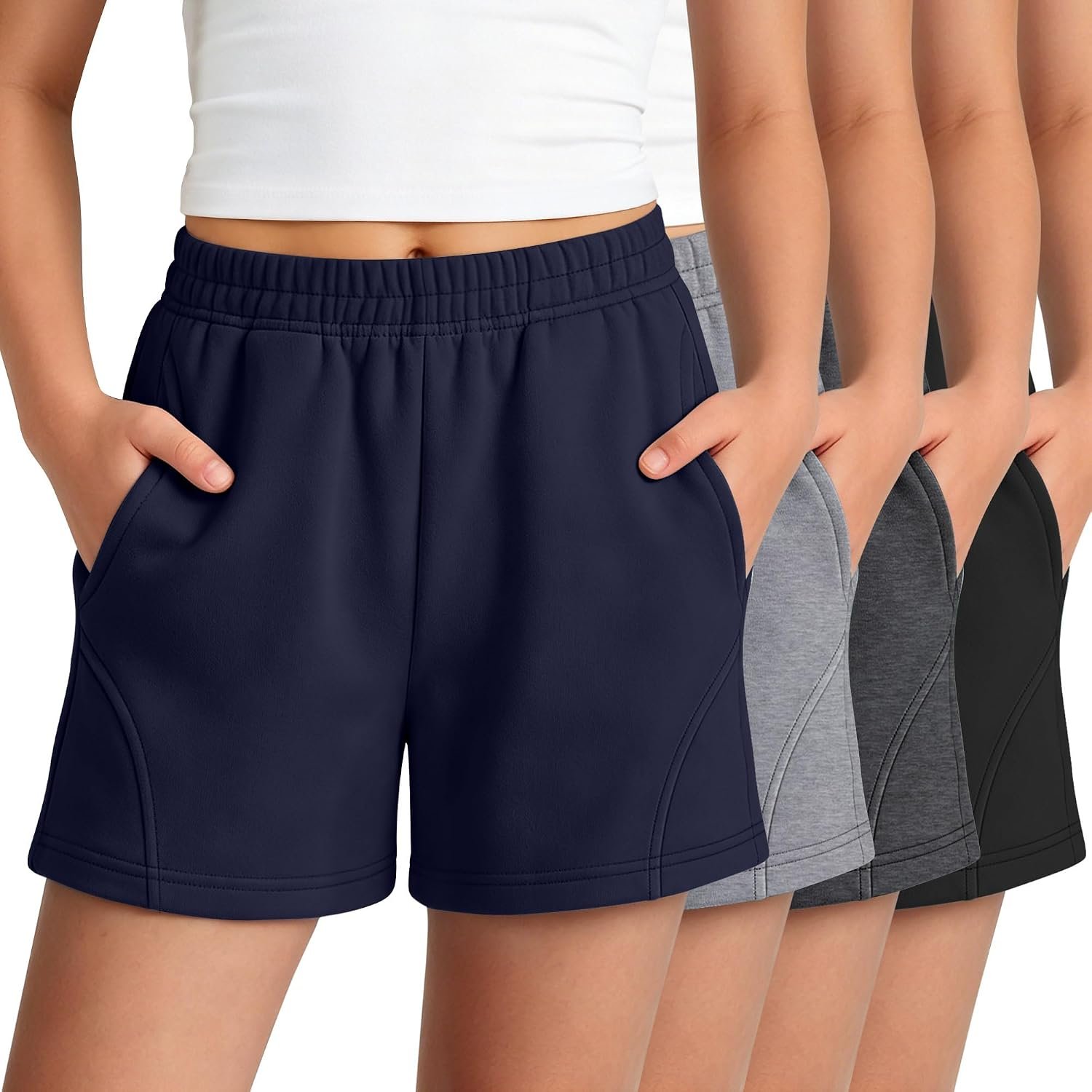 Halfchet 4 Pack Girls Athletic Shorts | Back to School, Elastic Waist, with Pockets, Loose Fit, Soft, Comfortable, Casual, Summer, Soccer, Running, Sports