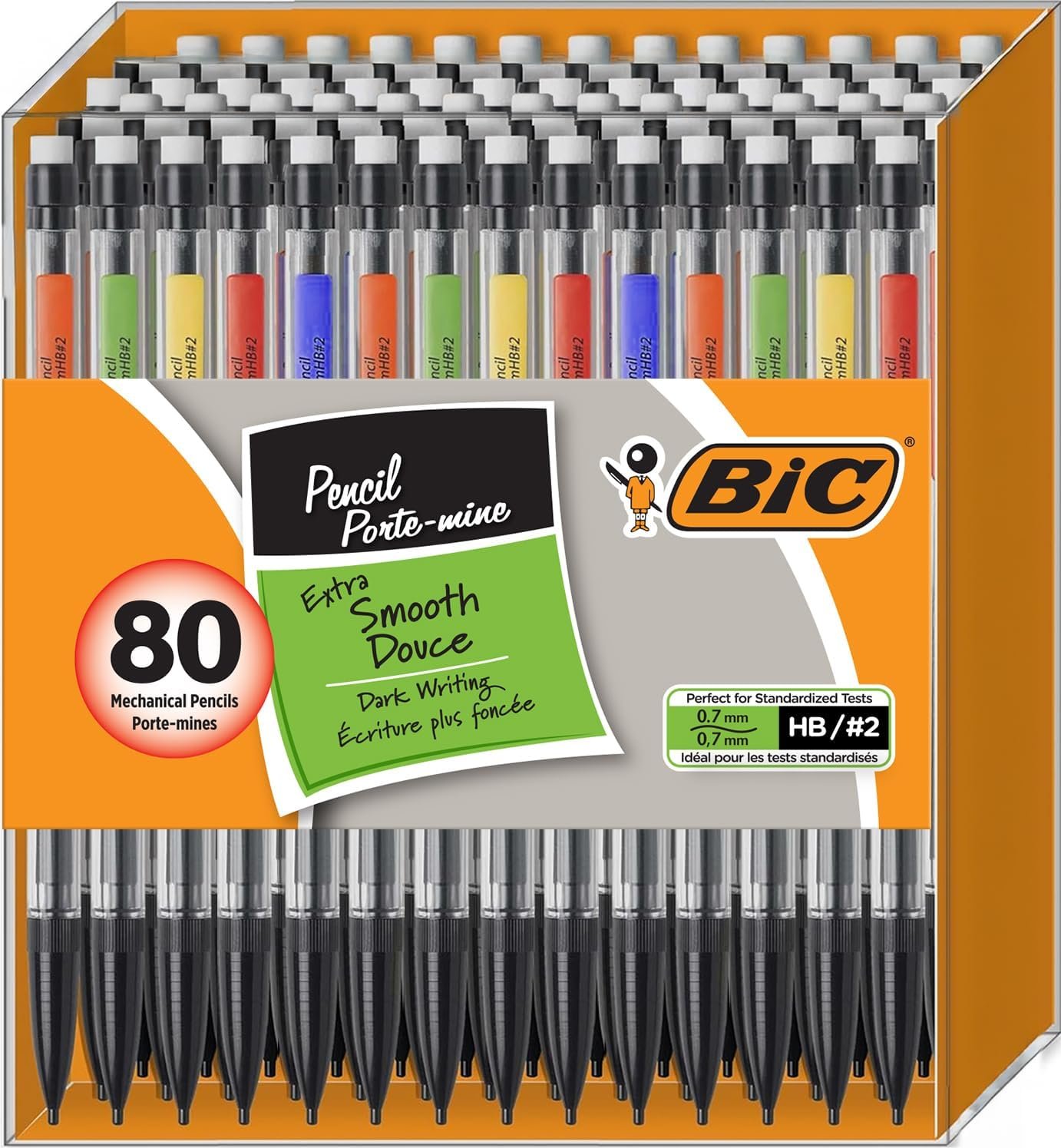 BIC Mechanical Pencils #2 Xtra Smooth, 0.7mm Medium Point, 80 Pack | Bulk Pack of Transparent Barrels with Colored Clips, Teacher Supplies and Classroom Essentials, 80-Count Pack