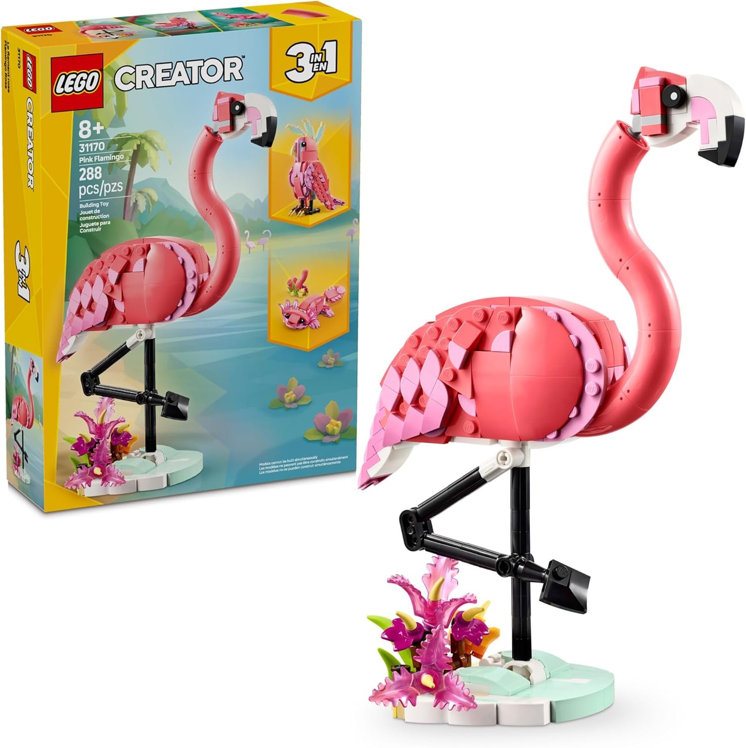 LEGO Creator 3 in 1 Wild Animals: Pink Flamingo Animal Building Toy – Playset with 3 Build Options, Pink Flamingo, Cockatoo, or Axolotl – Learning Toy for Kids, Ages 8+ – 31170
