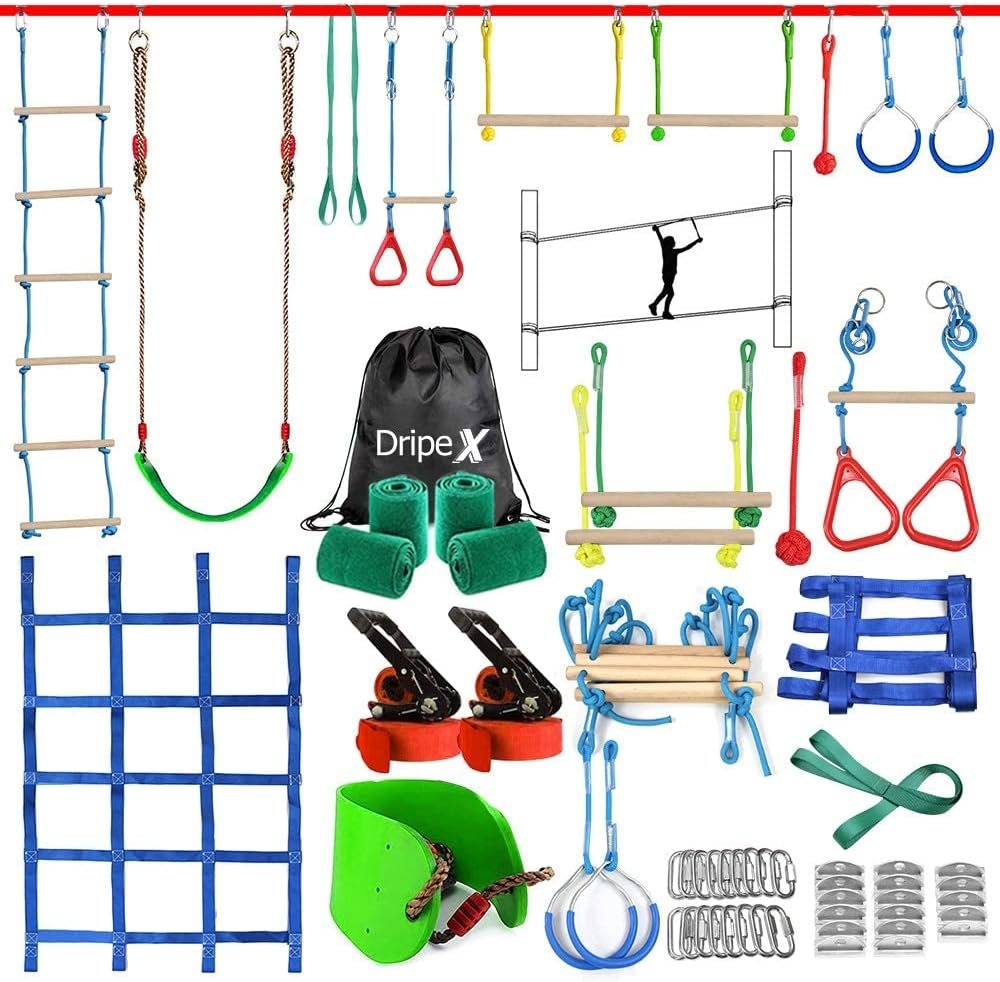Ninja Warrior Obstacle Course for Kids Backyard – 2×50ft Slackline Kit with 10 Most Complete Accessories for Boys & Girls, Swing, Rope Ladder, Gymnastic Ring, Climbing Net, Arm Trainer and Monkey Fist