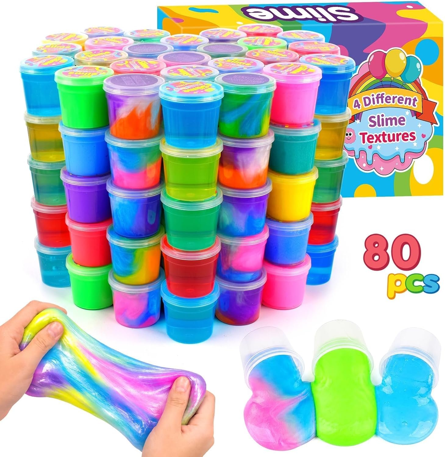 4 Textures – 80 Pack Slime Kit for Girls Boys, with Galaxy, Butter, Cloud, Clear Slime, Bulk DIY Putty Toys for Kids Party Favors, Sensory Stress Relief Birthday Gifts for Ages 4-8 8-12, Non-Stick
