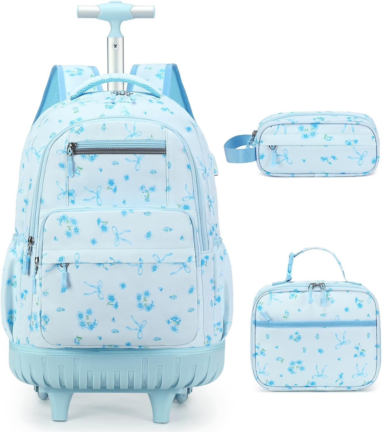 ACESAK Rolling Backpack for Girls – Roller Wheels School bag with Lunch Bag & Pencil Pouch for Teen Girls Kids Wheeled Suitcase Backpacks, Elementary Middle School Travel Daypack (Blue Bow)