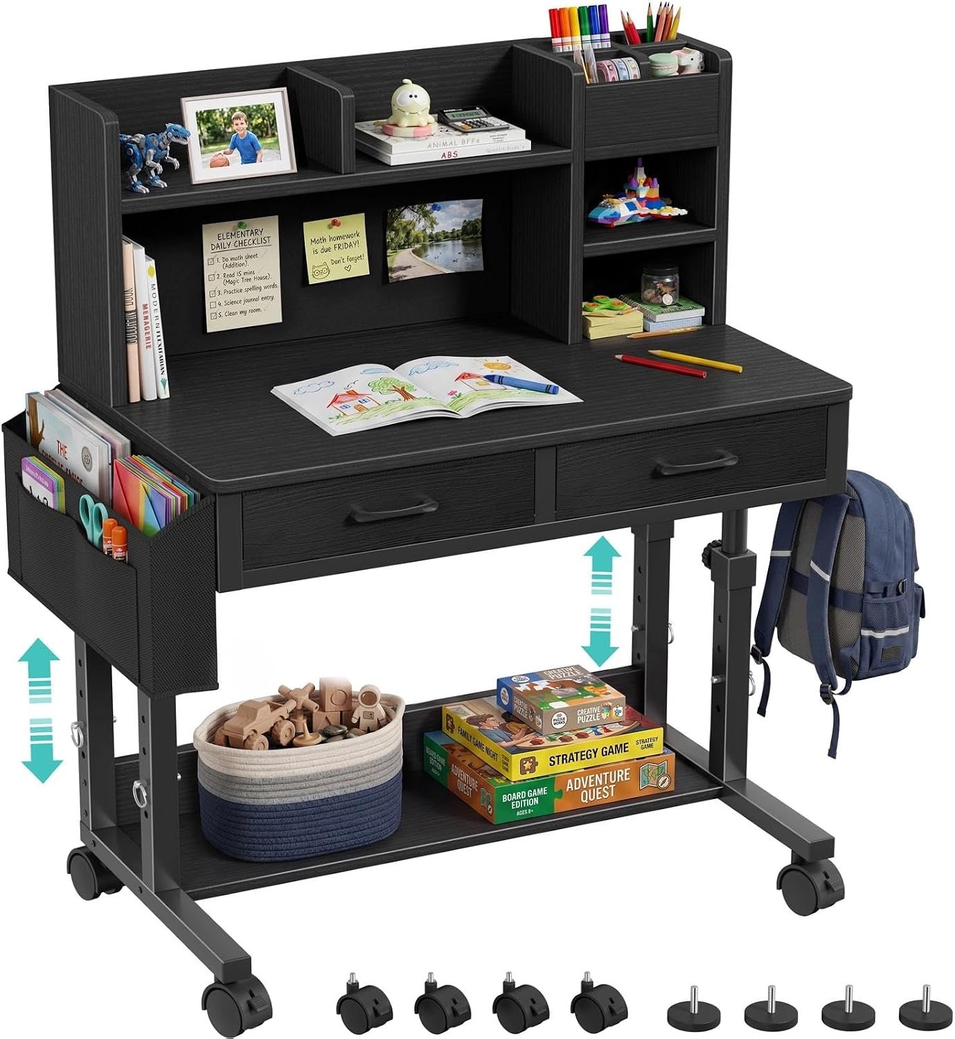 WINAZ Black Mobile Kids Desk – 32″ Height Adjustable Study Table with Hutch | Small Rolling Student PC Desk with Storage Shelves, Drawers, Felt Pin Board, Side Pocket & Backpack Hooks for Teen Bedroom