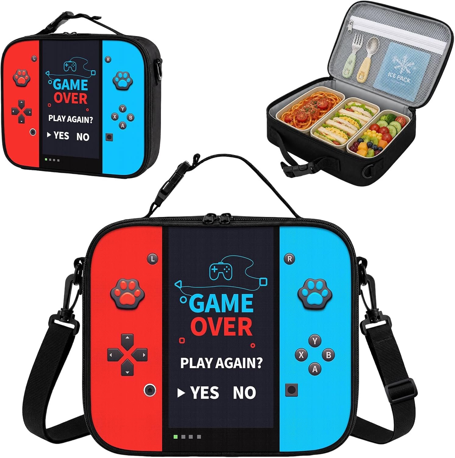 Game Console Insulated Lunch Bag lonchera for Teen Boys Girls Kids, Reusable Large Capacity Gamer Lunch Box with name tag, Adjustable Strap for School Office Picnic, Portable Waterproof Leakproof