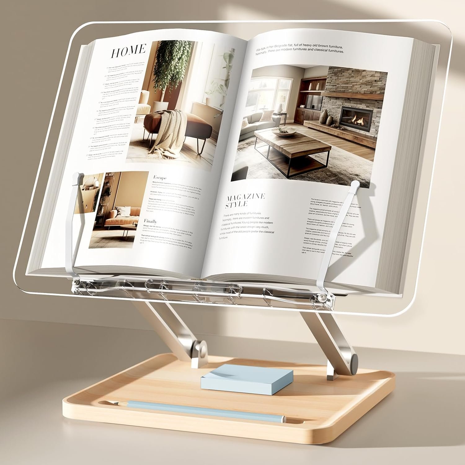 Acrylic Book Stand with Storage Base, Dual Aluminum Arm Reading Holder | Non-Slip Silicone Clips, Hands-Free Reading, Holds Pens & Notes, for Cookbook, Recipe & Textbook