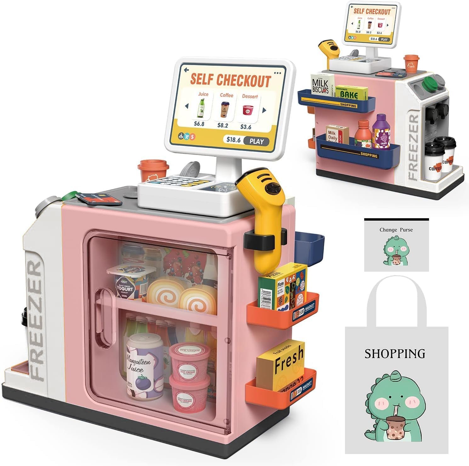 Cash Register Playset for Kids – 48PCS with Toy Coffee Machine,Pretend Play Money, Calculator, Scanner, Credit Card and Play Food for Boys and Girls！