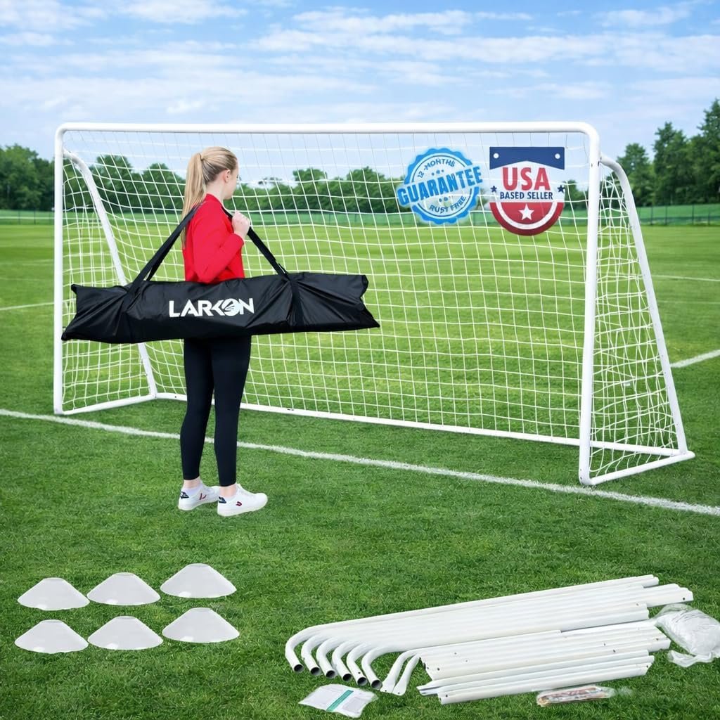 Soccer Goal – Larkon – Backyard, Training and Tournament Size – Durable Rust-Free Guarantee Steel Frame for Kids and Adults – with Net, Cones, Storage Bag, Stakes and Easy Assembly