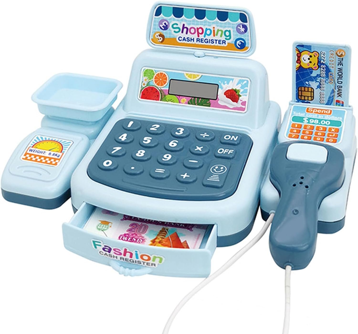 Cash Register Toy for Kids 3-5, Interactive with Scanner Counting Receipt Printing (Blue)