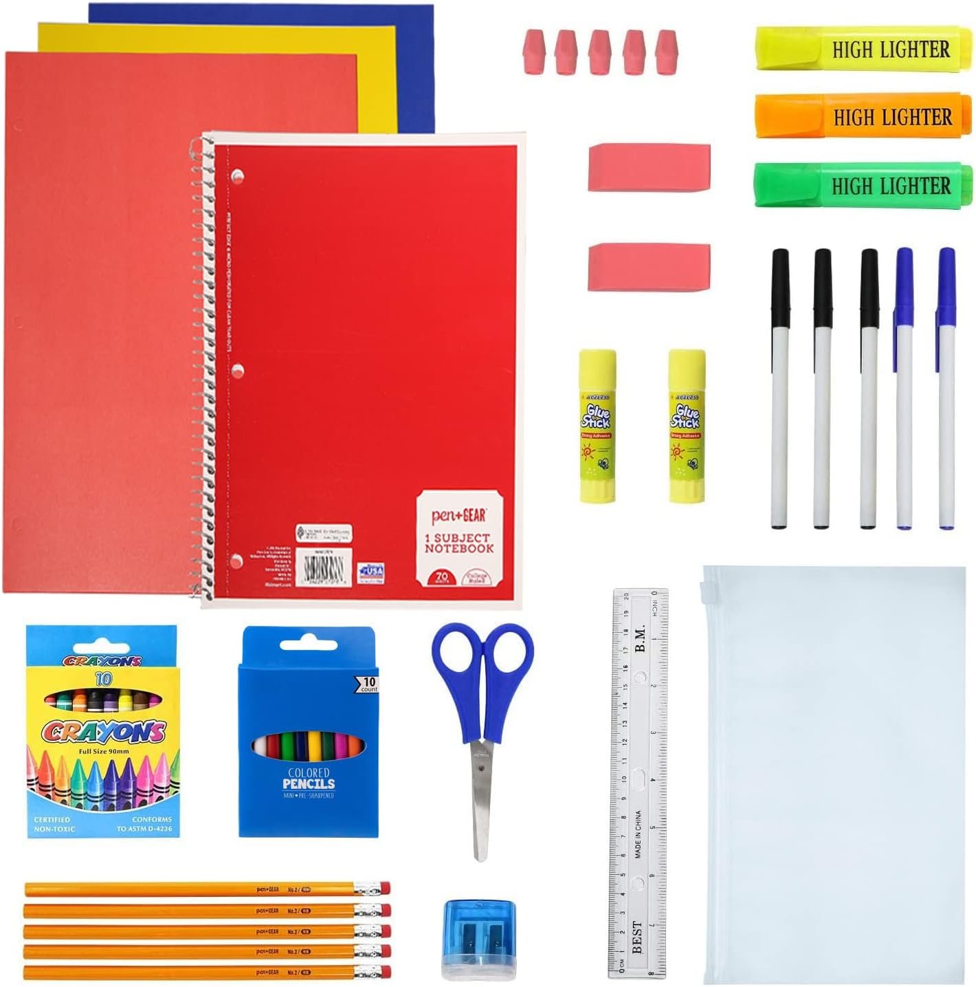 Moda West 50 Piece Bulk School Supplies Kits – Pens, Pencils, Crayons, and More – Value Pack of 12 Kits – Essential Box of School Supplies for Elementary, Middle, and High School Students
