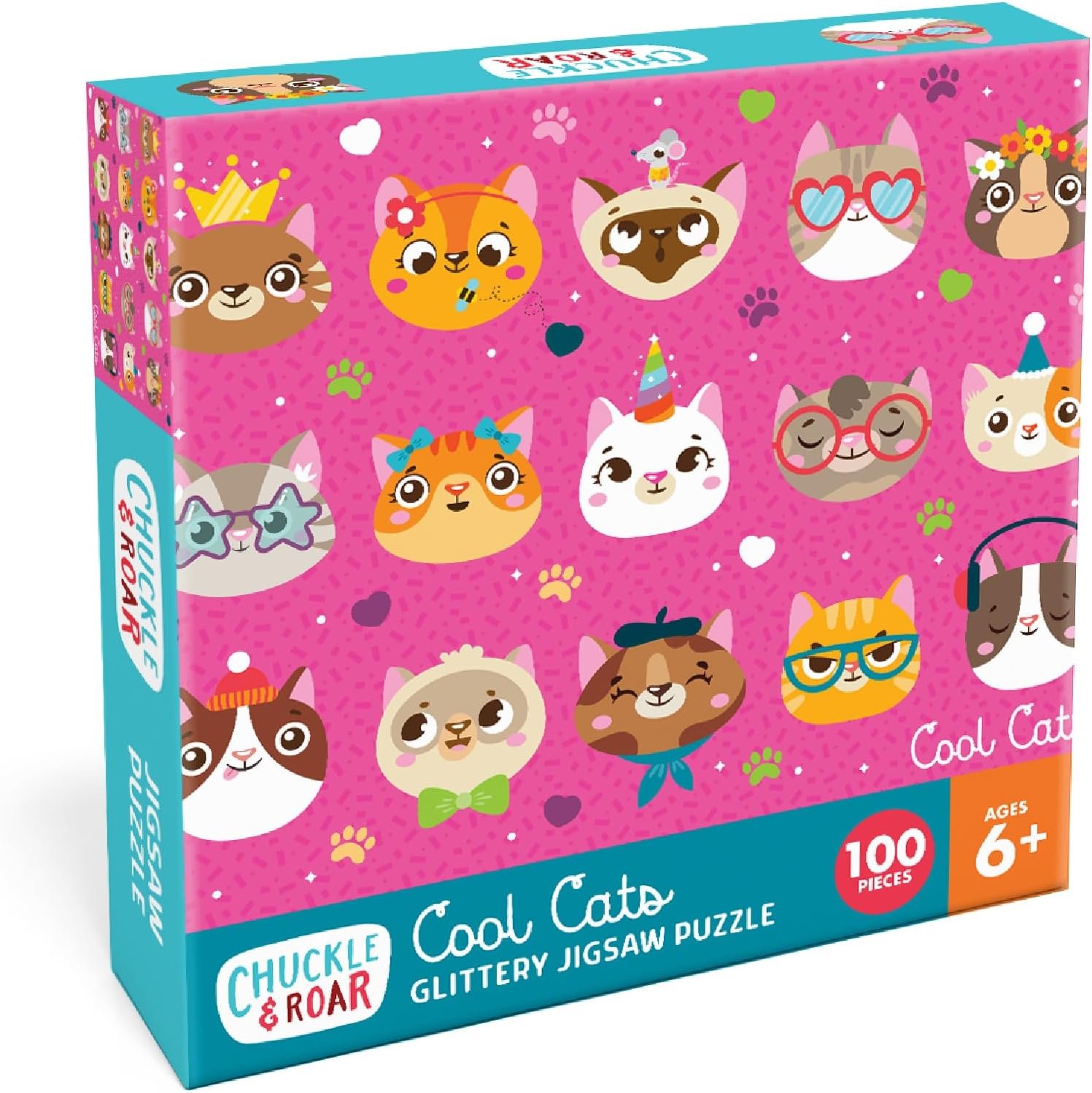 Chuckle & Roar – Cool Cats Glitter 100 Piece Jigsaw Puzzle for Kids Ages 6+ – Educational Puzzle with Glitter Accents – Fine Motor Skills and Screen Free Fun – Giftable Kids Puzzle 11 x 15 Inches