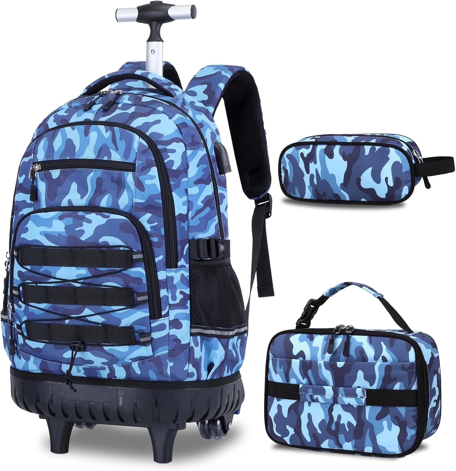 ACESAK Camo Rolling Backpack Boys, Tactical Kids Backpack Boys, Kids Suitcase for Boy Teens Elementary Middle High School, Military Backpack with Wheels and Lunch Bag Pencil Case Set (Camo Blue)