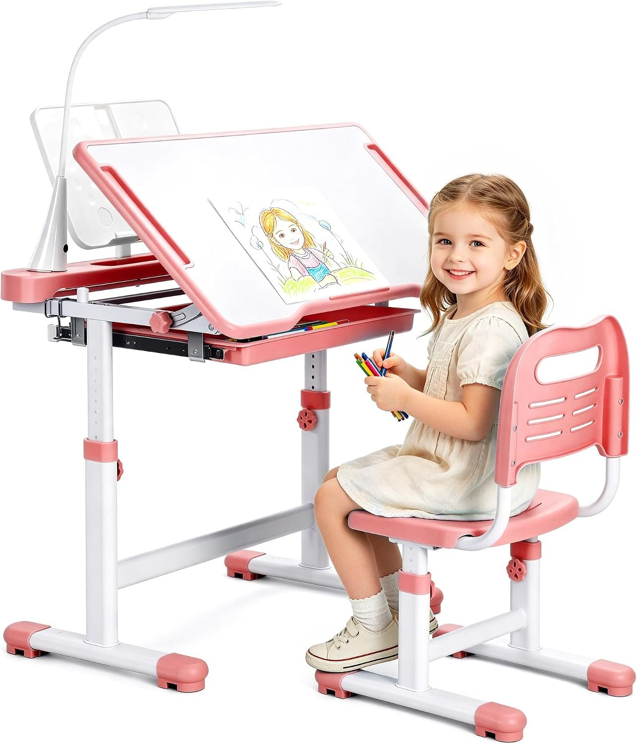 Rengue Kids Desk and Chair Set, Height Adjustable Children School Functional Study Desk with 55° Tiltable Desktop, 3 Modes & Brightness LED Light, Storage Drawer & Metal Hook for Boys Girls (Pink)