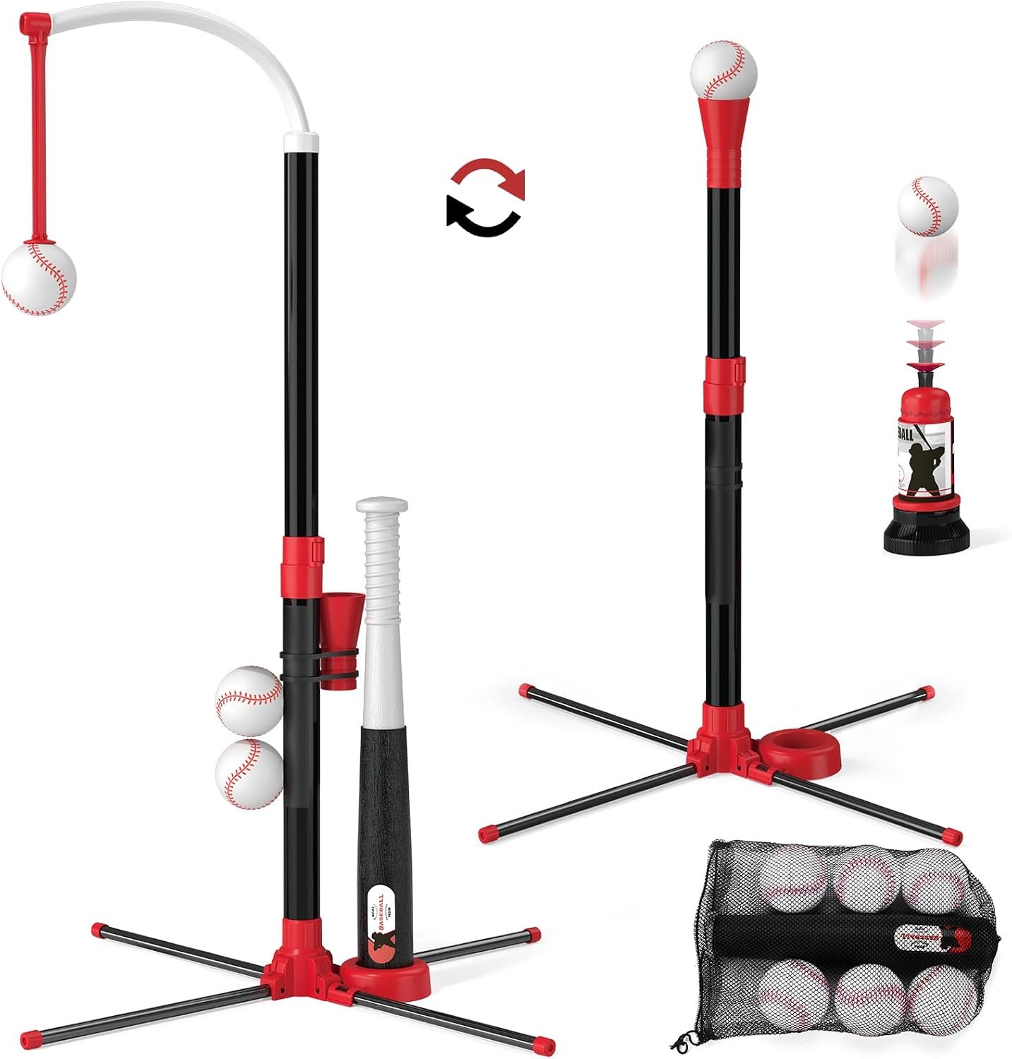 Wee Wonders 3-in-1 T Ball Set for Kids 3-5, Adjustable Height Tee Ball Set | with Automatic Pitching Machine/6 Balls/Retractable Bat, Toddler Baseball Set, Outdoor Sport Toys Gifts for Kids Boys Girls