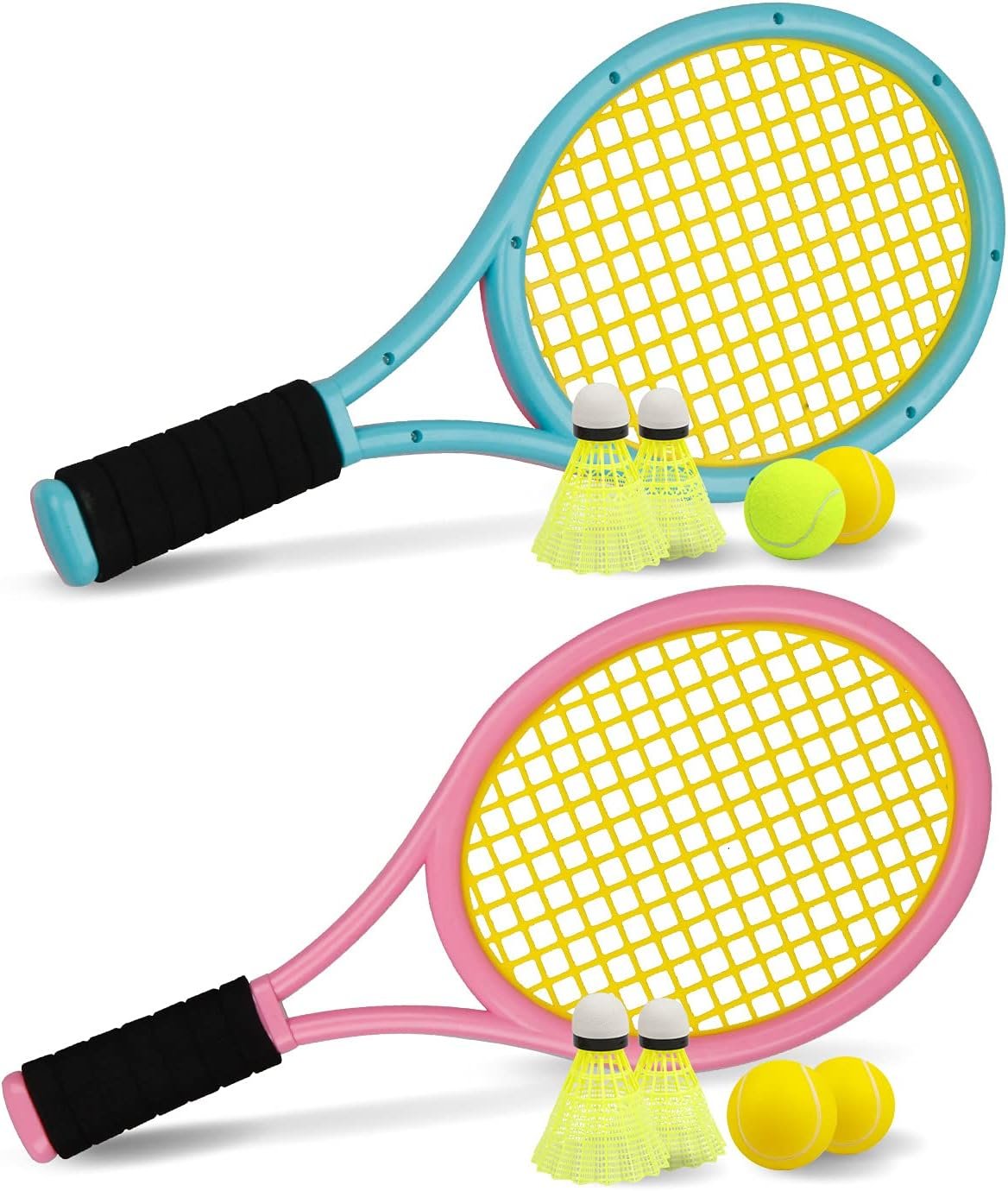 17 Inches Kid Tennis Racket Set for Children Indoor Outdoor Sports Play | Sponge Handle Plastic Racquet with 3 Soft Balls,1 Tennis Ball and 4 Badminton Balls for Toddler Sports , Small Size