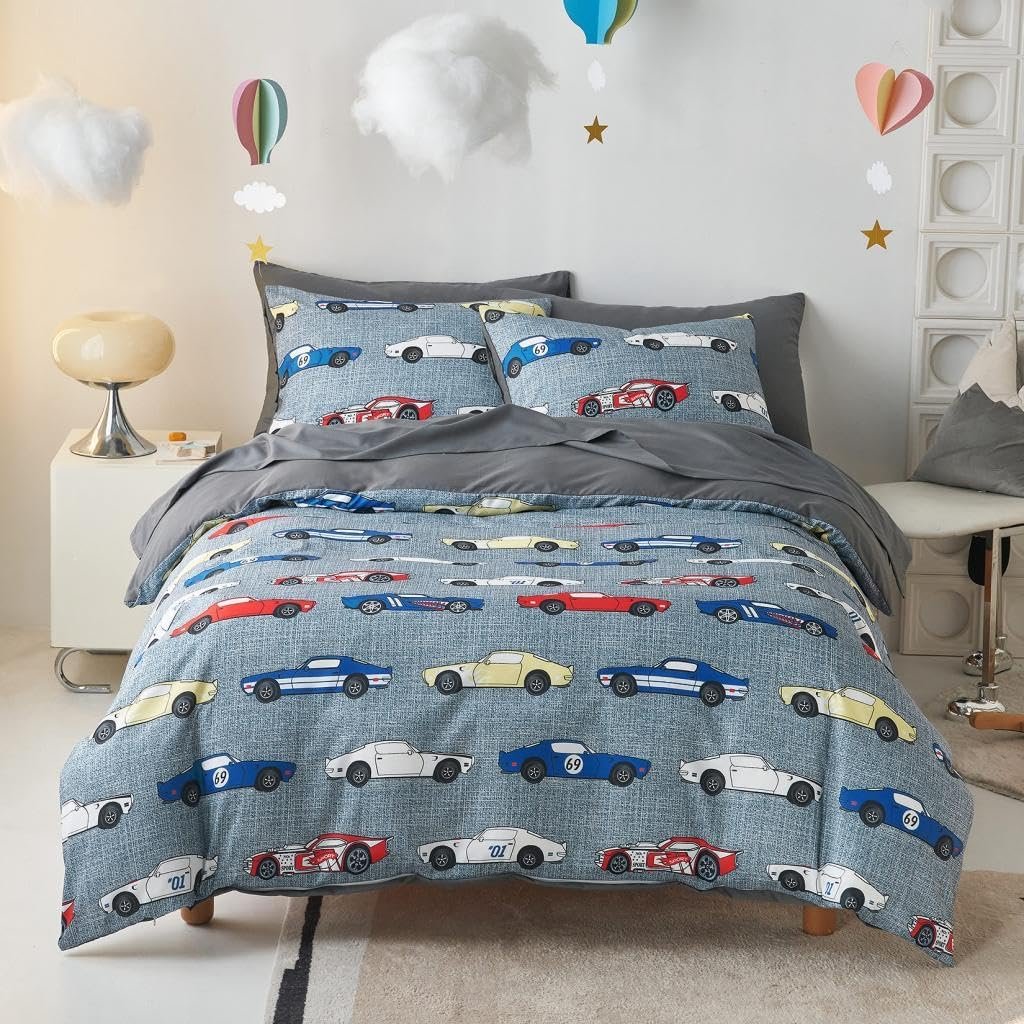 Wake In Cloud – Race Car Bedding Set for Boys, Cute Colorful Sports Car Supercar Wheels Comforter Set with Sheets, 5 Pieces Kids Bed in a Bag, Gray, Twin Size