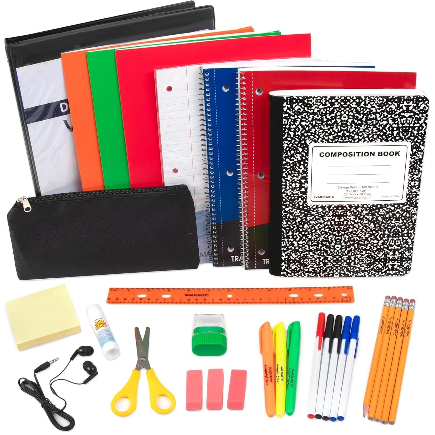 Middle and High School Supplies Kit for Boys, Girls | Home, School Classroom Must Haves Essentials Kit for 5th – 12th Grade Includes Notebooks, Folder, Pencils, Earbuds, Notepad, Binder