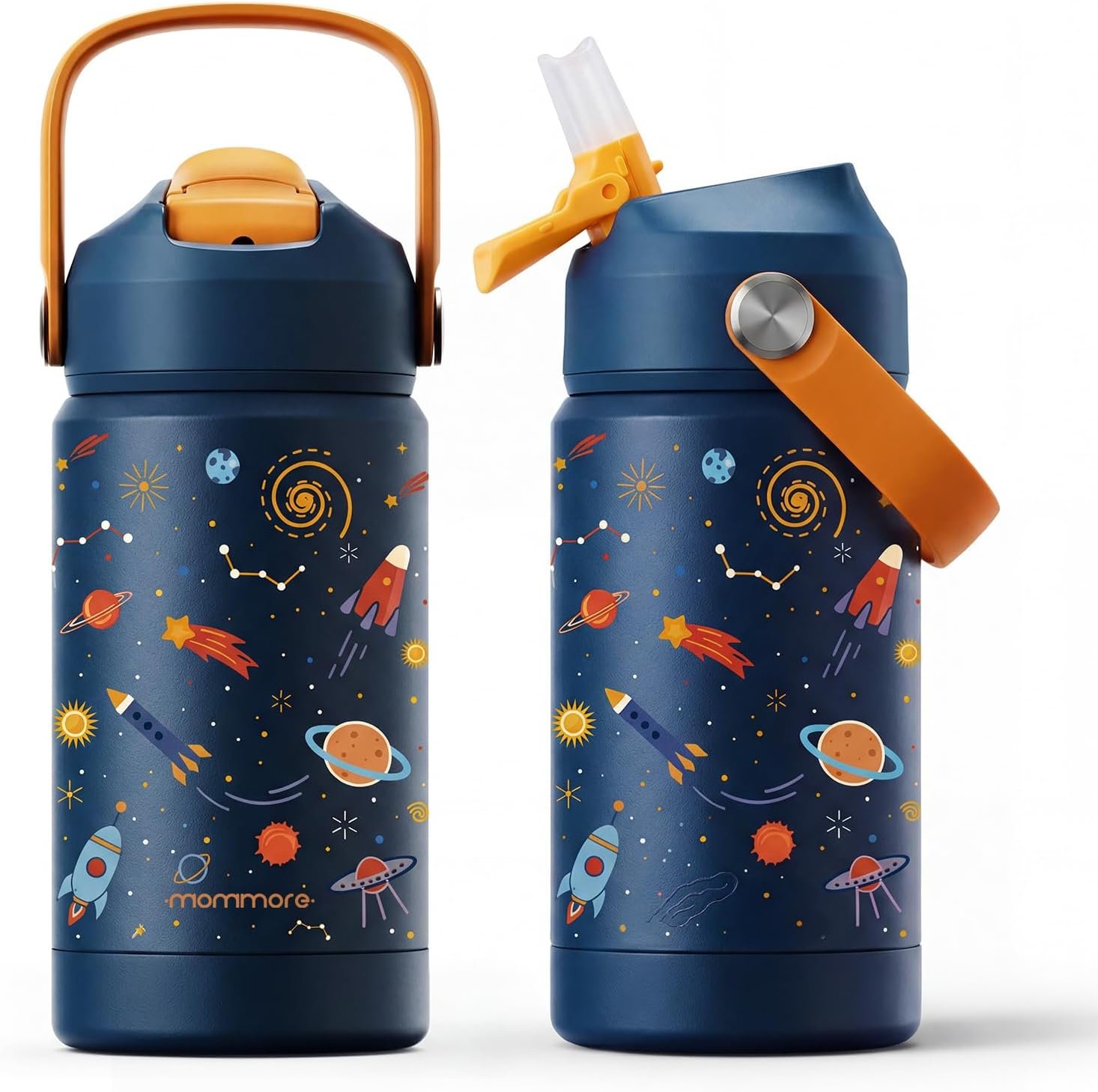 Mommore Kids Insulated Water Bottle with Soft Rubber Handle, 12oz Stainless Steel Thermos with Straw Lid, Leak Proof, Easy to Clean Design, Vacuum Small Canteen for School Boys Girls, Universe-1 Pc