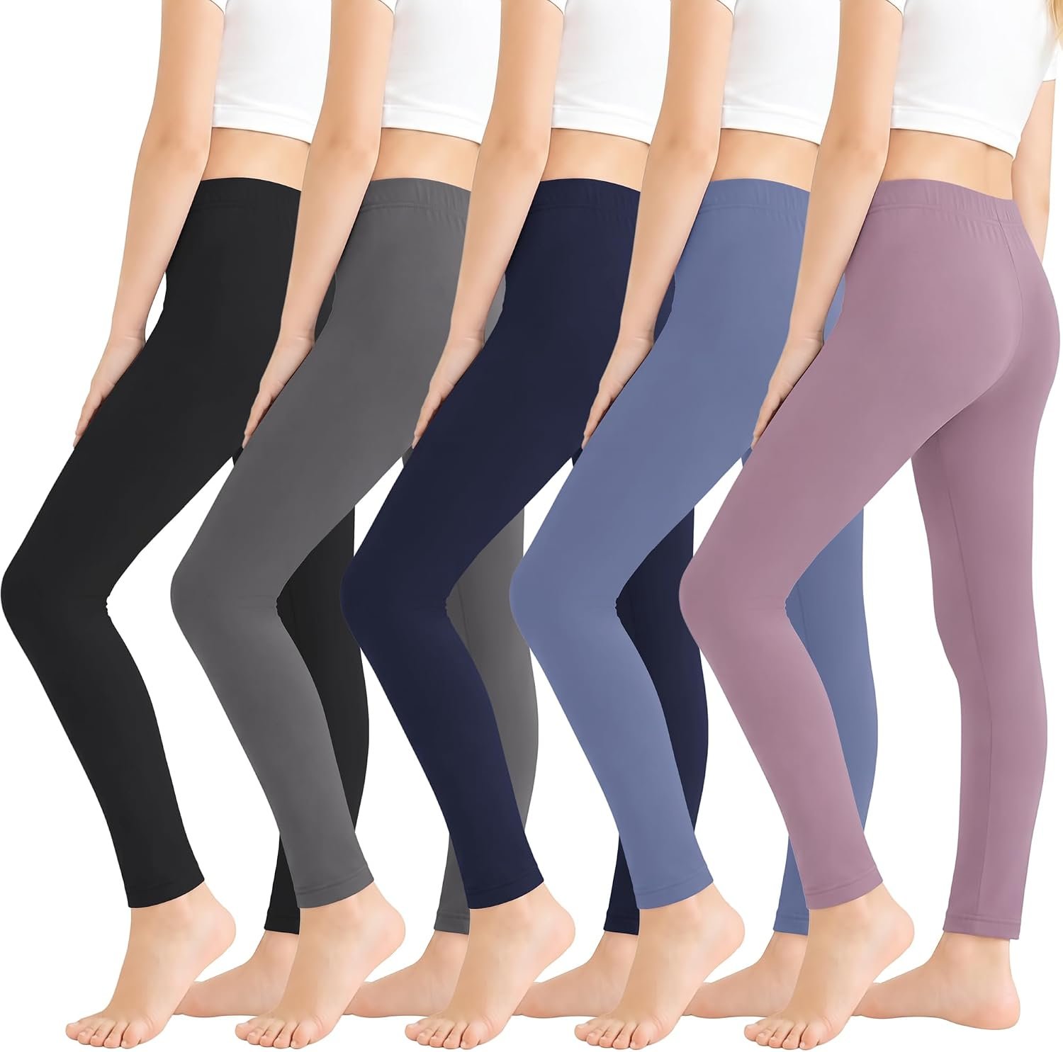 Poroka 5 Pack Girls Leggings Tights for Kids Full Length Basic Leggings Pants Soft Stretchy Athletic Yoga 6-16 Years