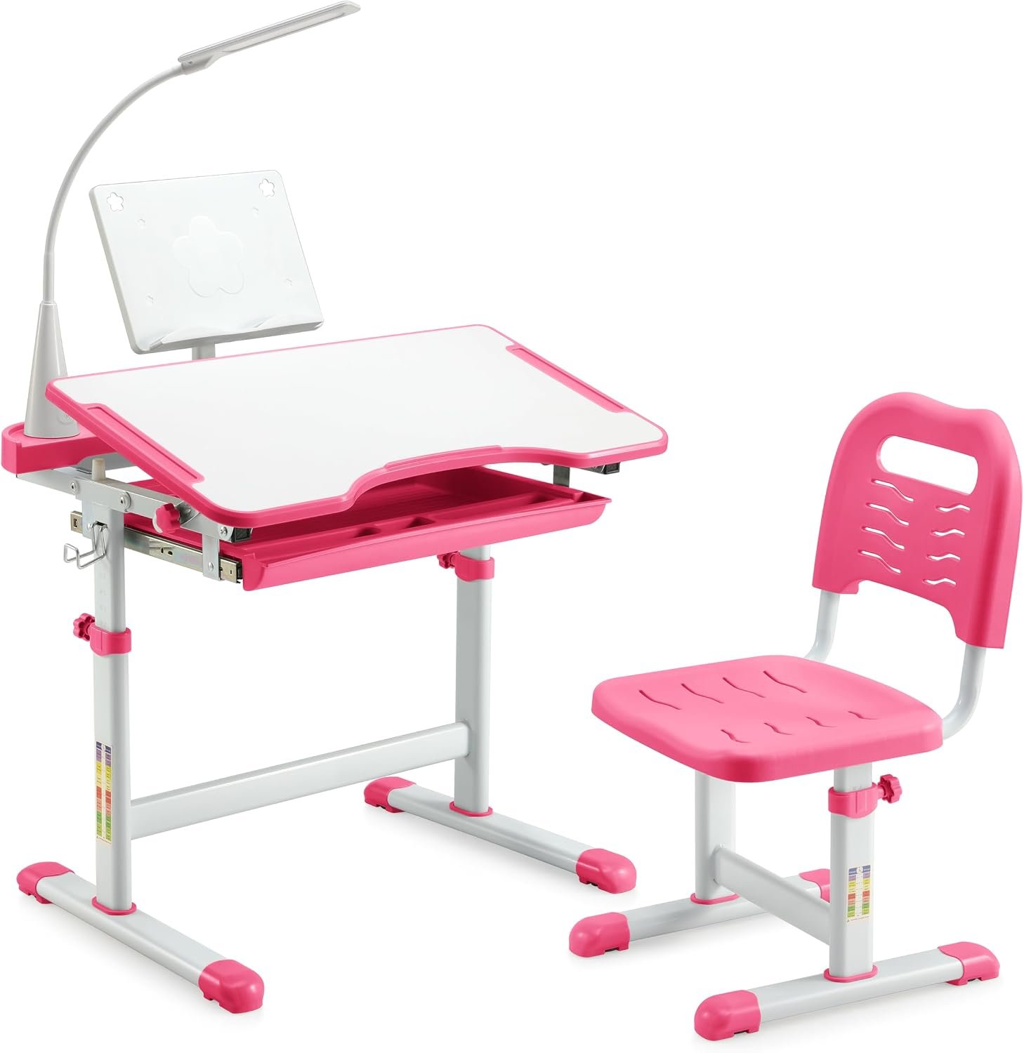 Diroan Kids Desk and Chair Set with LED Light, Height-Adjustable for Age 7+ | Ergonomic, Large 0‑45°desk, Sturdy steel frame, Storage drawer, Bookstand, Metal hook