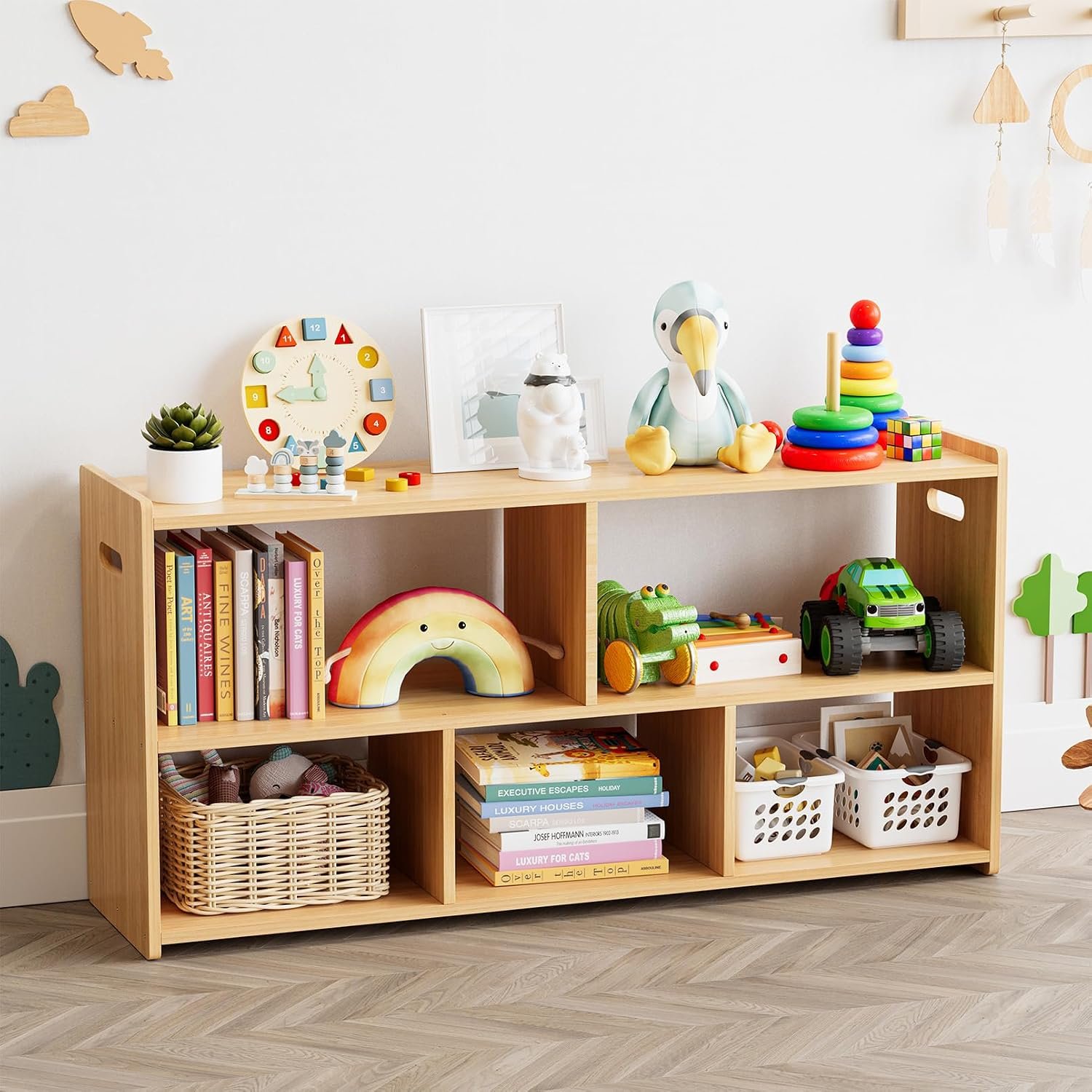 SpaceAid 5-Compartment Bookshelf, Montessori Bookcase for Toddlers, Wooden Book Shelf Organizer Storage Furniture for Kids Rooms, Playroom, Nursery and Classroom, 44.5“ Wide, Natural
