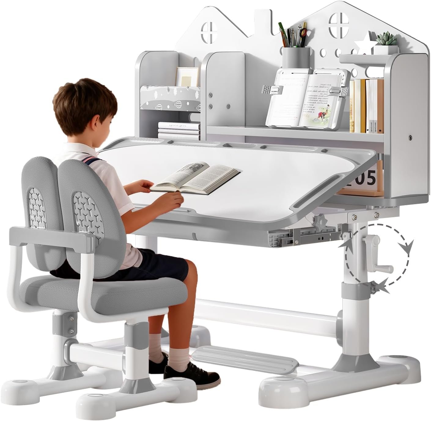 Kids Desk and Chair Set- 3-12 Height Adjustable Ergonomic Art Desk | School Study Desk, 50° Tiltable Desktop, Easy-Turn Crank, Storage Drawer & Built-in Bookstand for Children Boys & Girls