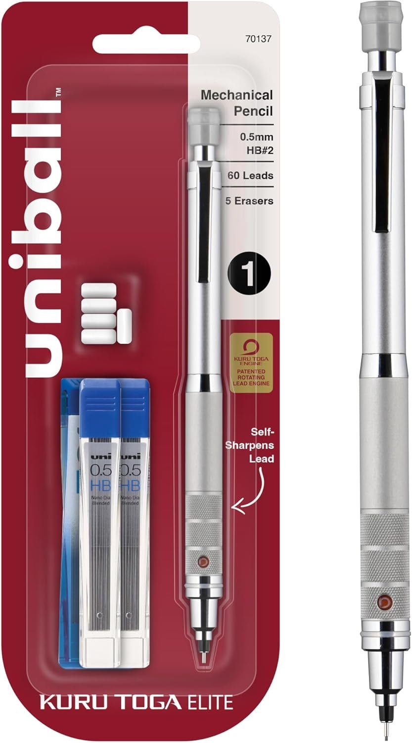 uniball™ Kuru Toga Elite Mechanical Pencil Kit, 0.5mm, HB, Silver, 1 Pack | Rotating lead engine keeps tip sharp, diamond-infused No. 2 lead for dark marks, knurled grip, replaceable eraser, refillable
