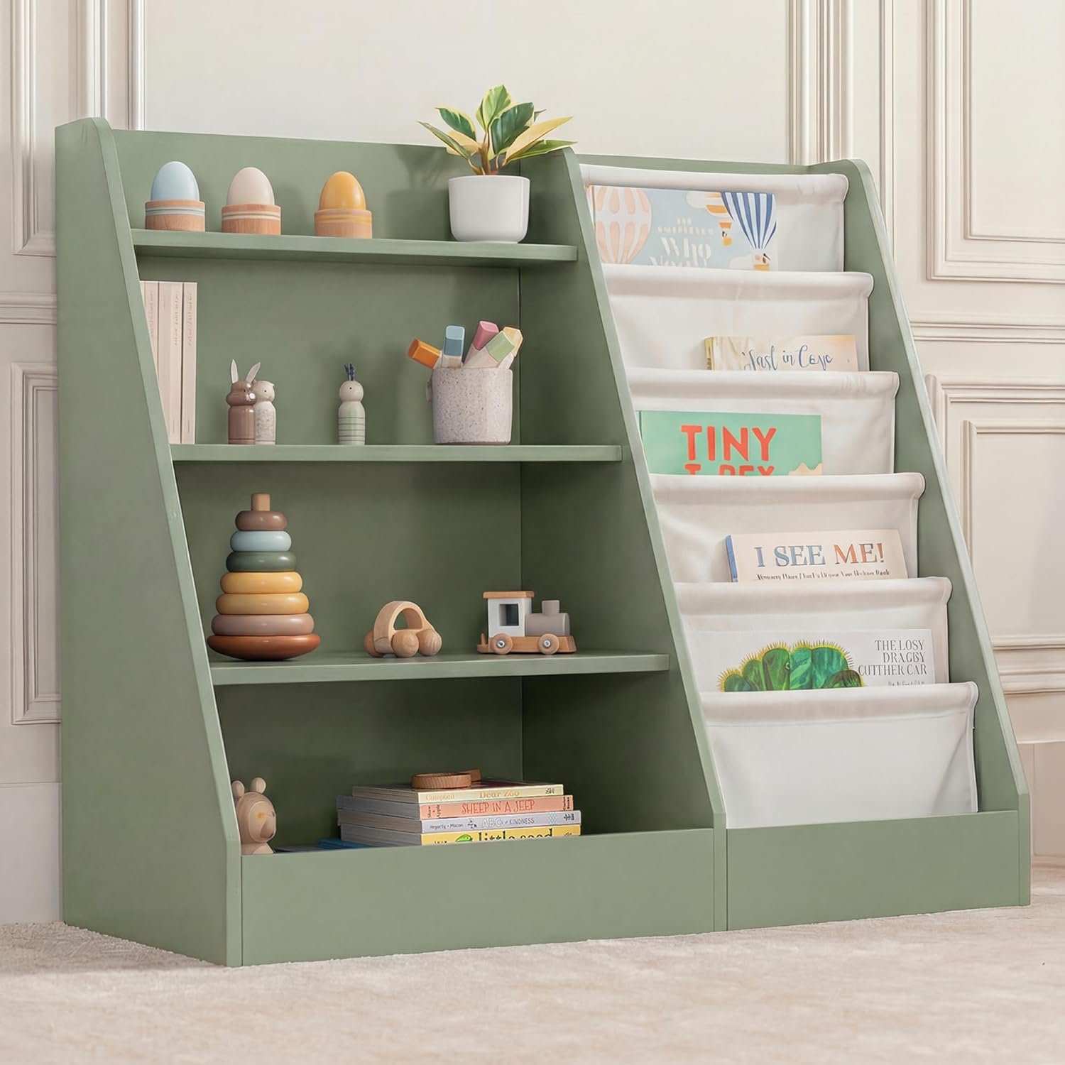 Comfy Cubs Kids Bookshelf 35.2 x 15.7 x 31.5 Inches – Sturdy MDF Montessori Book Shelf with Soft & Hard Shelves for Toys & Books – Child-Friendly, Easy Access Storage Organizer for Kids – Sage