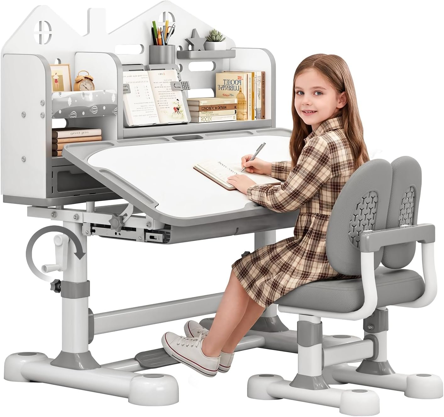 Kids Desk and Chair Set, Hand Crank Adjustable Tilt Desk (Grey) | Hand crank height adjustment grows with kids ages 3-12| 0-50° tilting desktop for writing, drawing, reading and homework