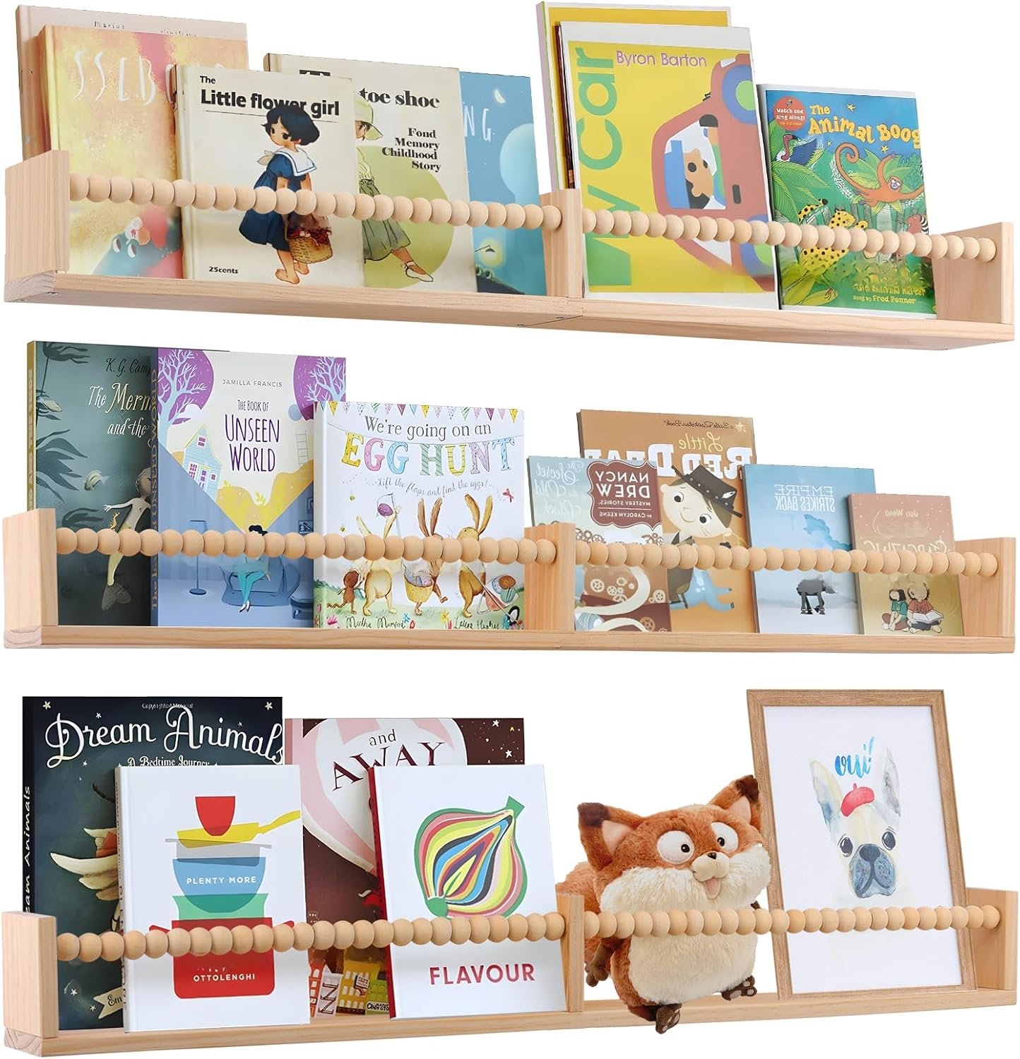 birola Nursery Book Shelves for Kids Rooms – 32 Inches Wall Book Shelves Set of 3, Space-Saving Nursery Shelves with Beads Design for Kids Room, Bedroom and Study Room(Natural)
